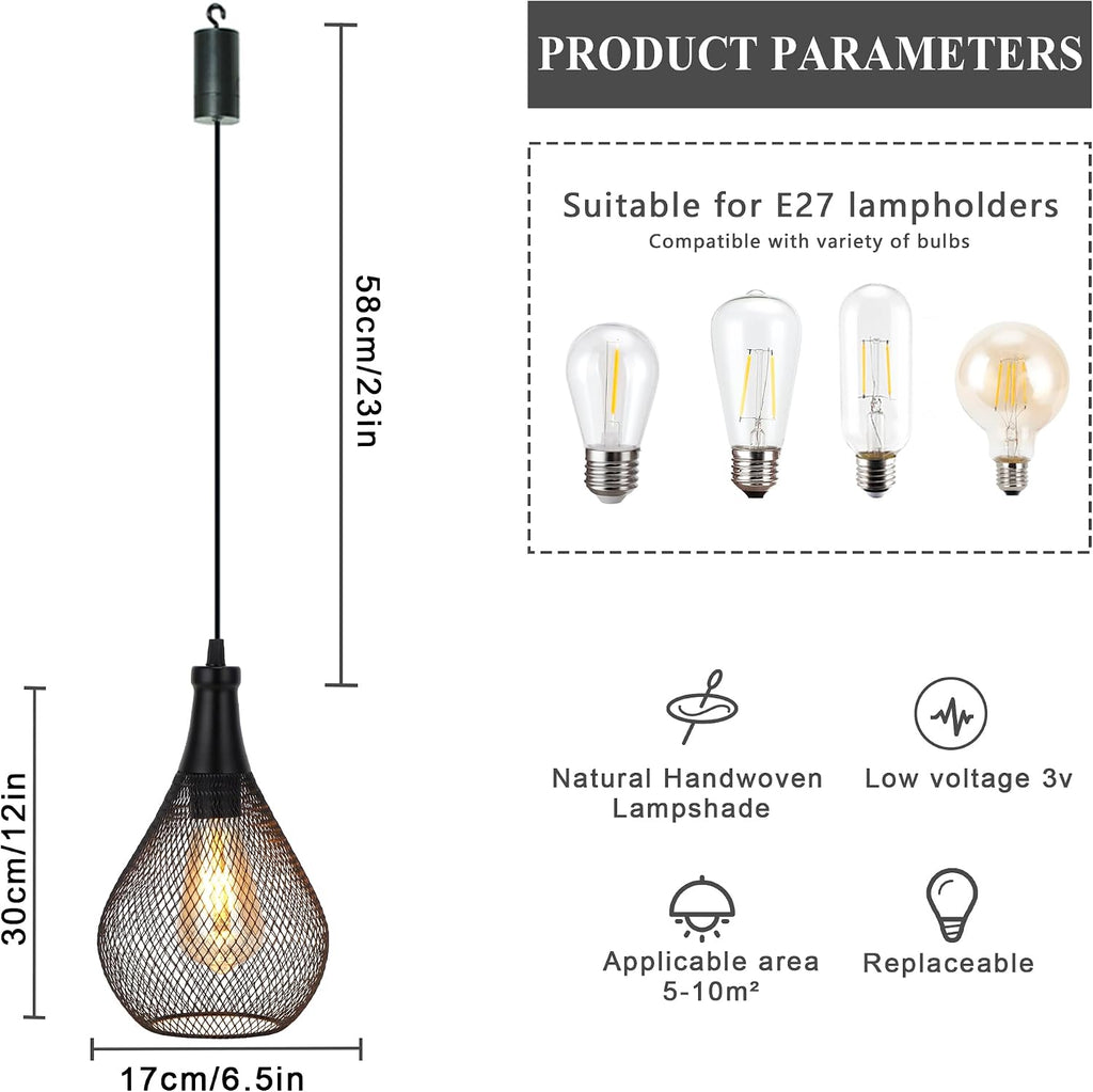 JHY DESIGN Hanging Lamp Set of 2 Battery Operated Cordless Lamps Metal Cage Pendant Light with 6 Hours Timer Great for Parties Patio Events for Indoors Outdoors(Teardrop Shape)