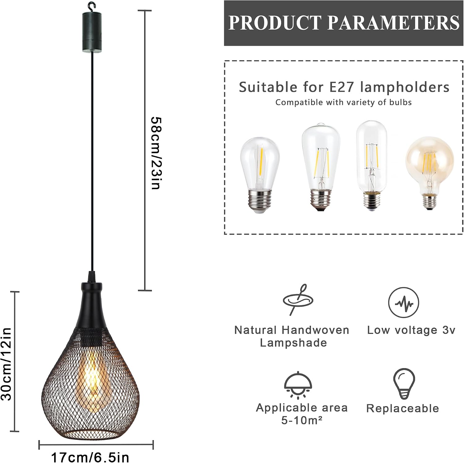 JHY DESIGN Hanging Lamp Set of 2 Battery Operated Cordless Lamps Metal Cage Pendant Light with 6 Hours Timer Great for Parties Patio Events for Indoors Outdoors(Teardrop Shape)