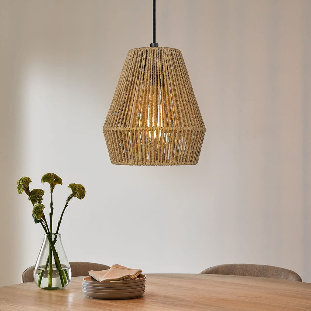 ELYONA Boho Woven Pendant Lights 7” Rustic Rattan Hanging Lamp Adjustable Handwoven Basket Shade, Japandi Pendant Light Fixtures for Kitchen Island, Dining Room, Bedroom, Farmhouse Bar, Foyer Hallway