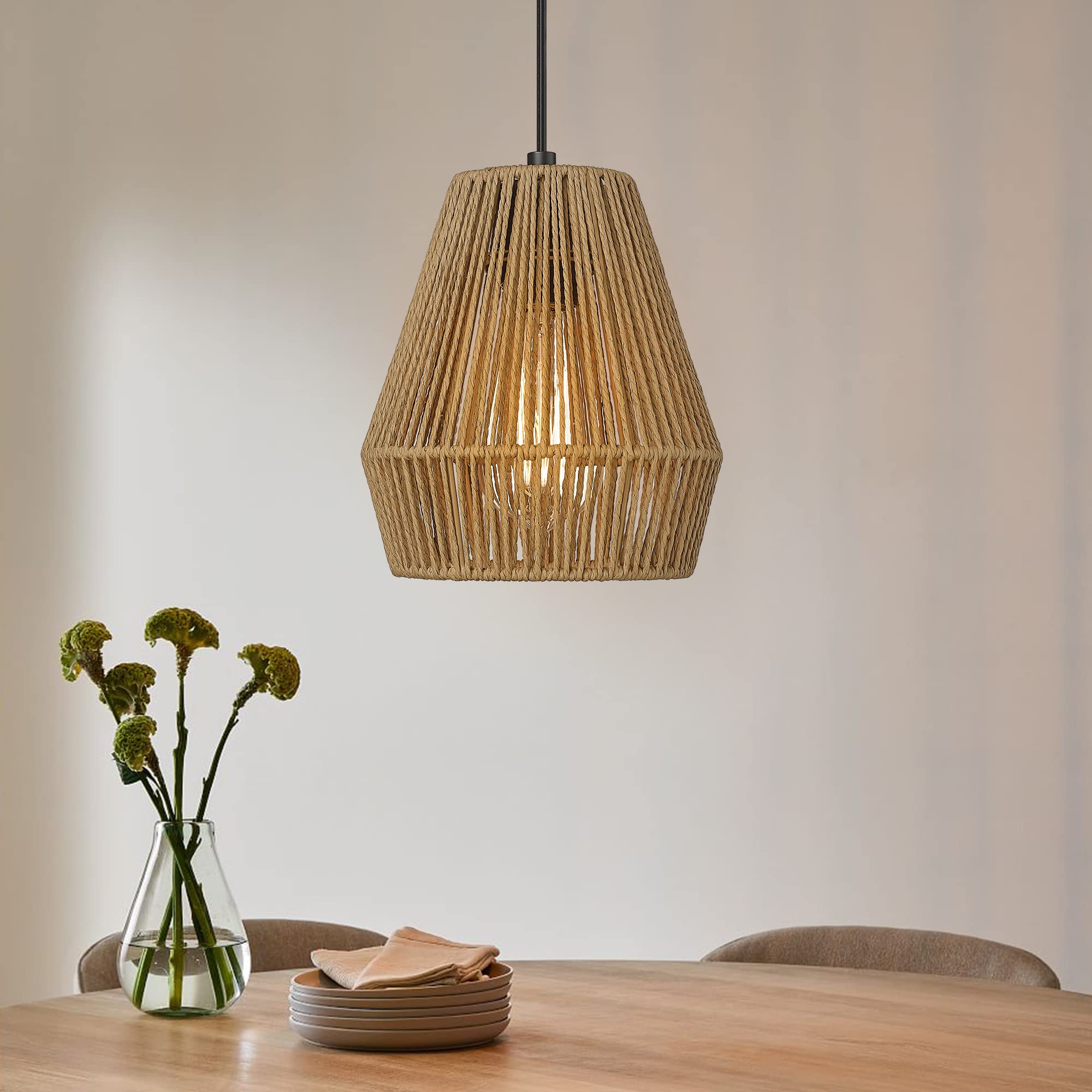 ELYONA Boho Woven Pendant Lights 7” Rustic Rattan Hanging Lamp Adjustable Handwoven Basket Shade, Japandi Pendant Light Fixtures for Kitchen Island, Dining Room, Bedroom, Farmhouse Bar, Foyer Hallway