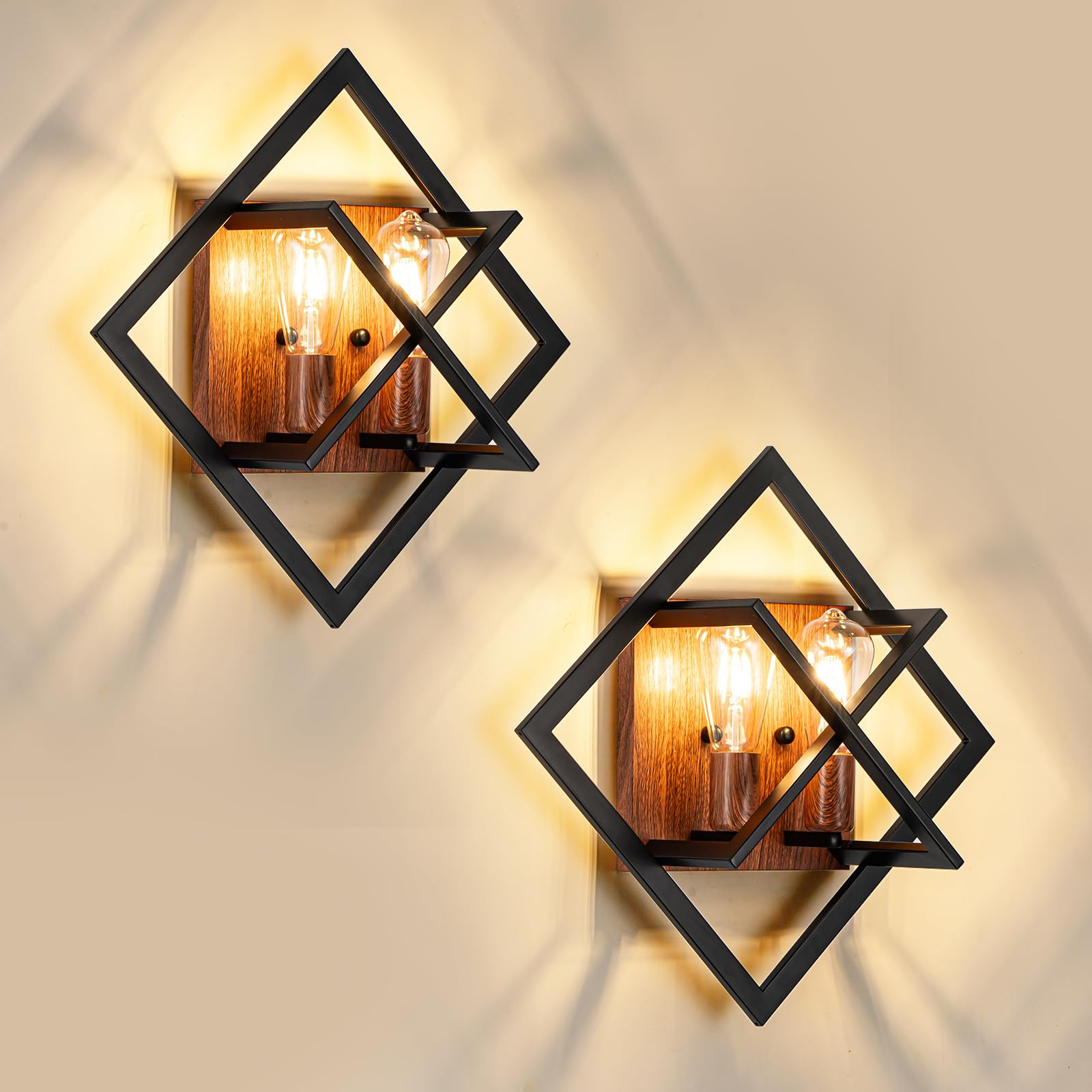 Farmhouse Wall Sconce with Black Finish & Wood Grain,Rustic Wall Sconces Indoor Wall Light Fixtures 17.8in for Stairway, Living Room, Bedroom, Bathroom (2 Light,E26 Base, No Bulbs)
