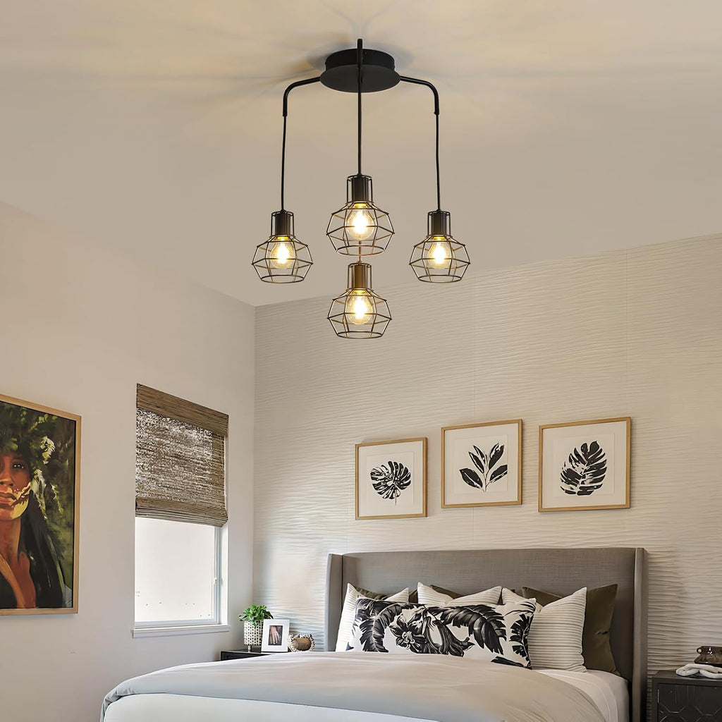 4-Light Pendant Light Fixtures, Industrial Farmhouse Hanging Lighting, Black Metal Cage Dining Room Chandelier, Height Adjustable Multi-Light Ceiling Lamp for Kitchen Island, Foyer, Entryway, E26 Base