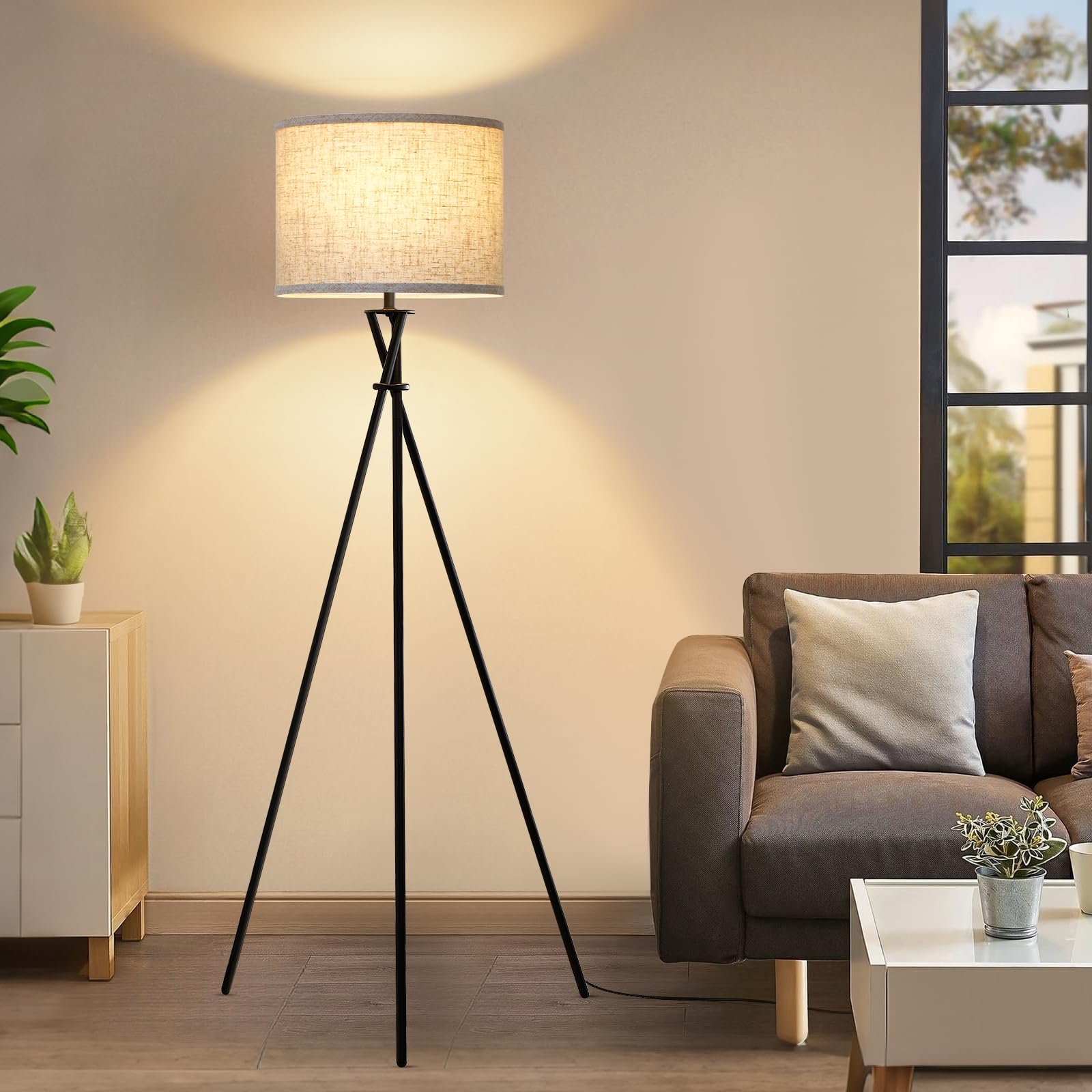 Floor Lamp for Living Room, 61'' Modern Tripod Floor Lamps with White Shade & Rotary Switch, Black Floor lamp for Bedroom, Office, Simple Design Lamp