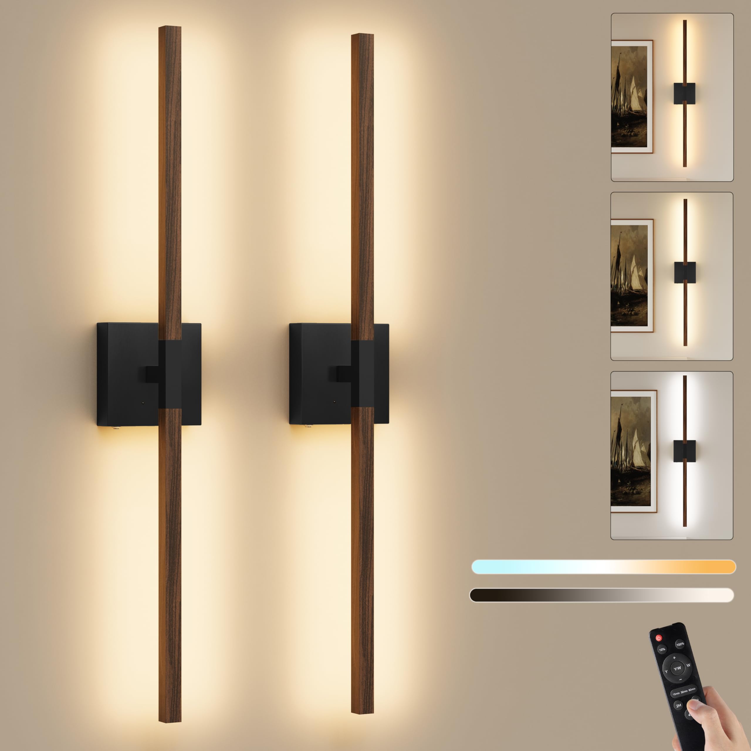 Rayogale Rechargeable Battery Operated Wall Sconce with Remote Control | Black 3000/4500/6000K Dimmable 8000mAh Wireless Wall Sconces Set of Two with Timer for Living Room, Bedroom, 24 Inch