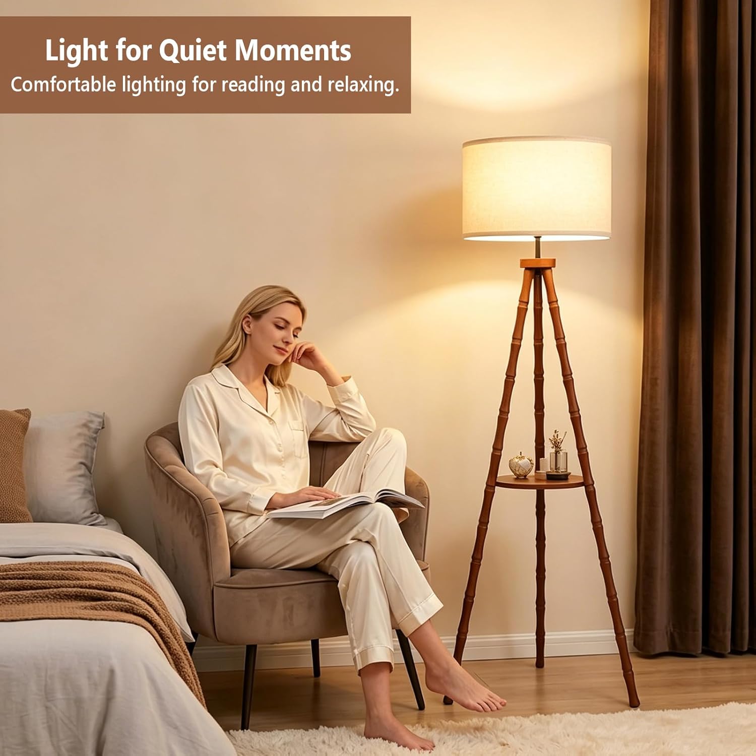 LAMSU Solid Wood Tripod Floor Lamp with Shelf, Mid Century Bobbin Standing Lamp with Fabric Shade and Foot Switch, Retro Farmhouse Tall Corner Lamps for Living Room Bedroom Office Reading, Brown