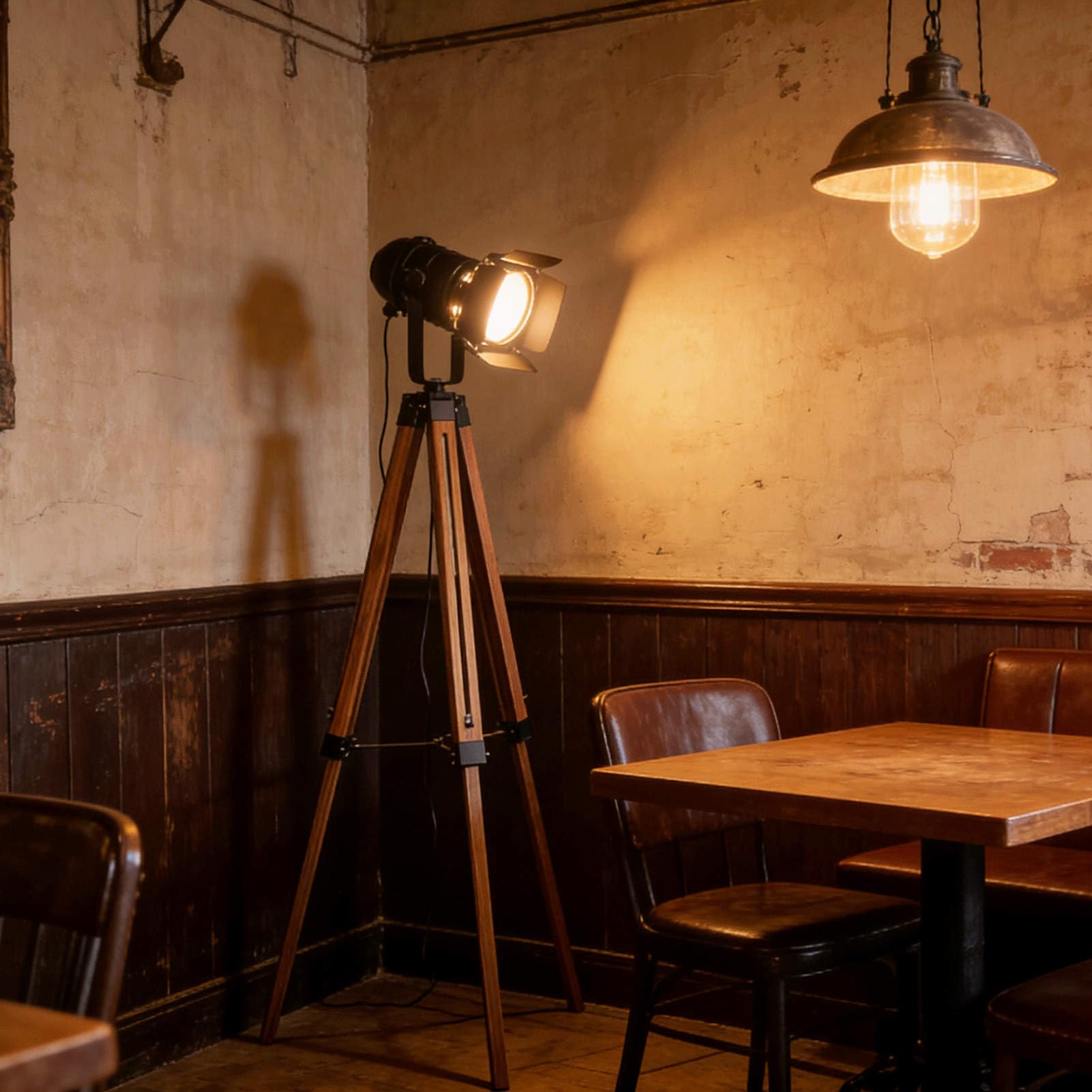 Industrial Tripod Floor Lamp for Living Room Weather Wood Standing Large Lighting Black Adjustable Cinema Metal Lampshade Studio Lights E27 Socket Retro Floor Light for Bedroom Office Reading
