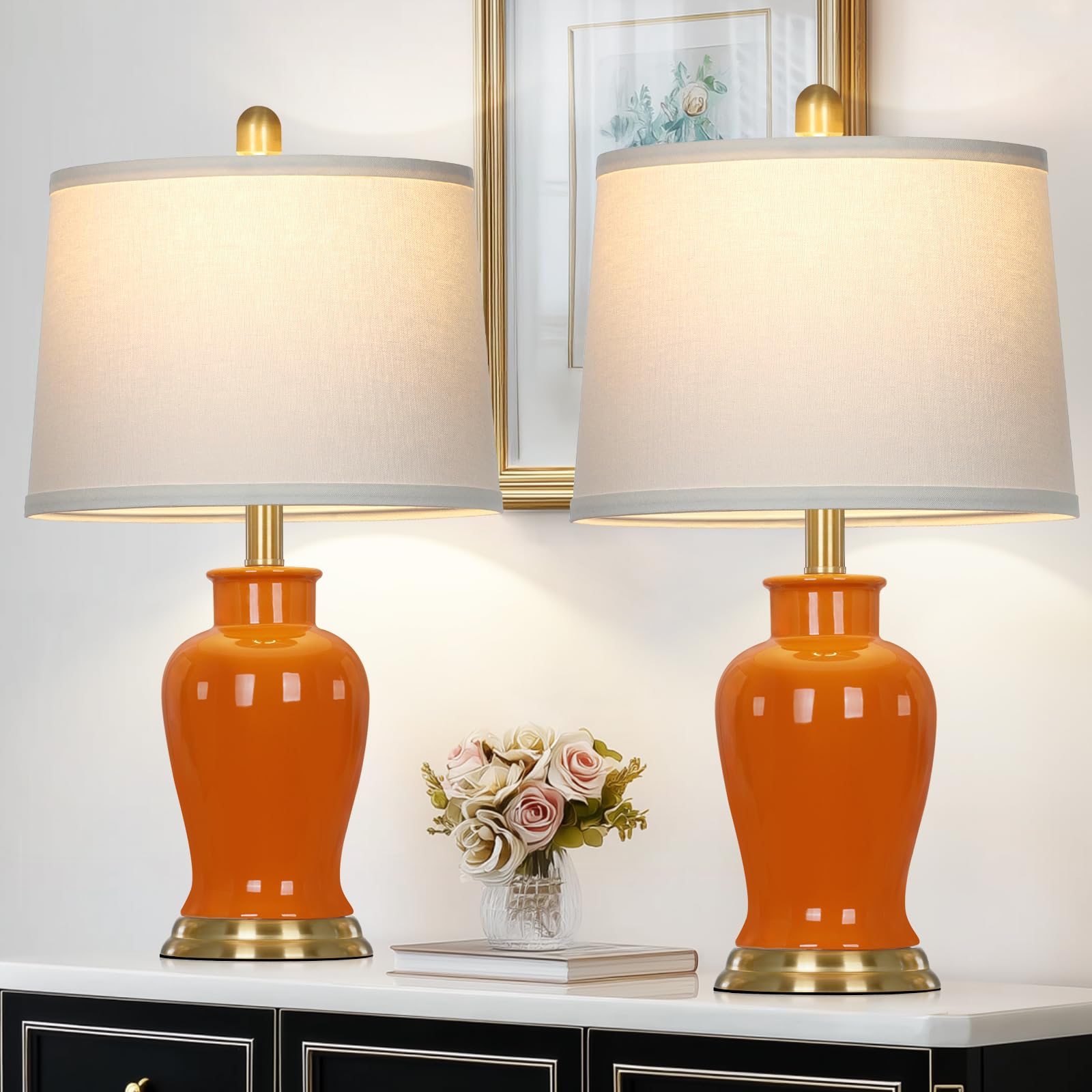 Modern Ceramic Table Lamps Set of 2, 23" White Ceramic Lamps for Living Room, Rustic Farmhouse Bedside Lamp with Ginger Jar Design, Elegant Bedroom Lamp for Nightstand Desk Side End Table Home Decor