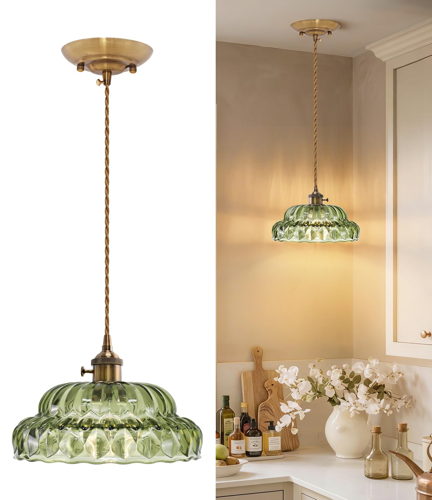 Vintage Green Glass Plug in Pendant Light with Long Cord and Switch,Retro Hanging Lamp No Hardwire Needed,Renter Friendly Swag Lighting for Kitchen Sink,Island,Reading Corner,Bedroom(NO BULB)