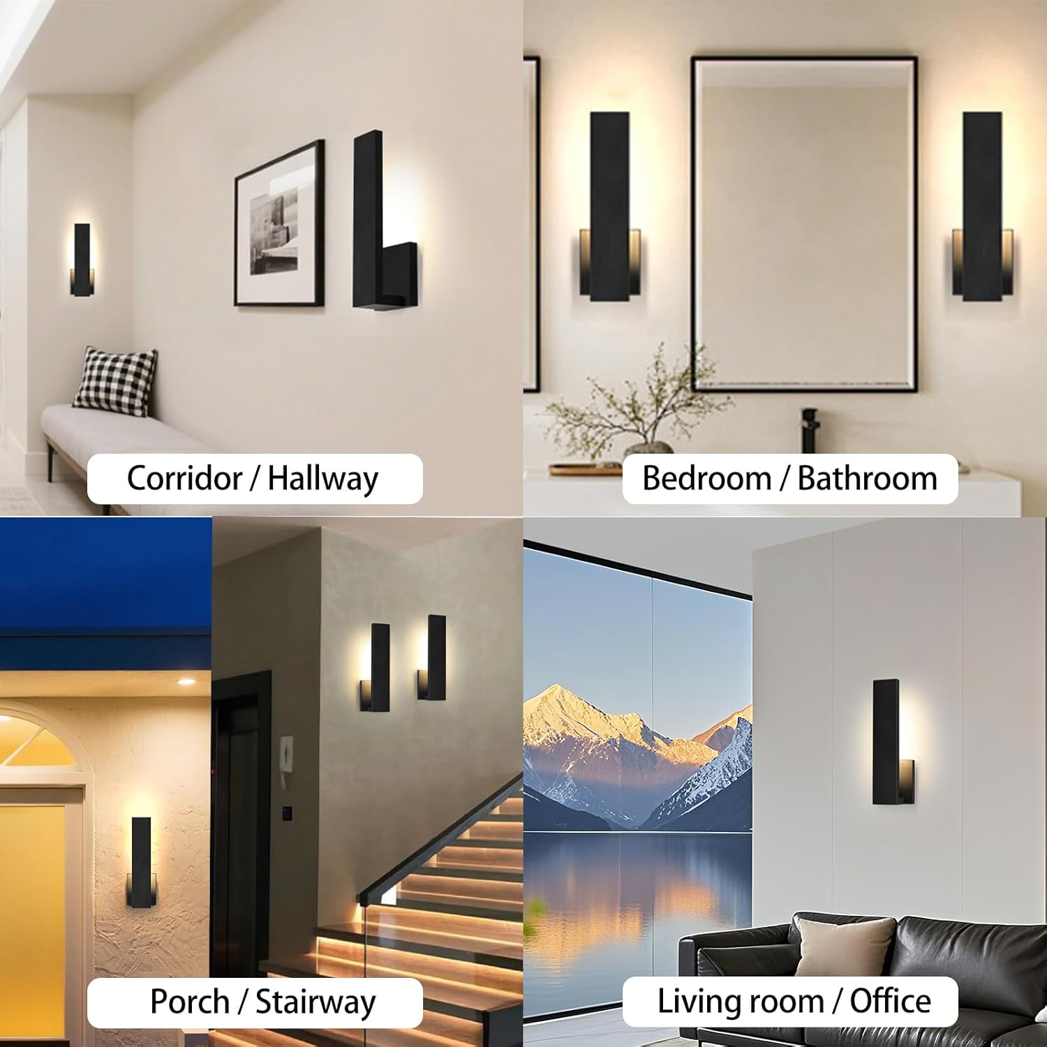 Set of 2 18W Matte Black Aluminum Waterproof LED Wall Sconces, Hardwired Indoor Outdoor Wall Lights for Bedroom Bathroom Porch Stairway Office Living Room