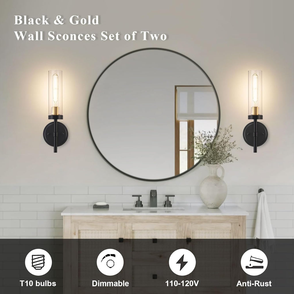 Hardwired Wall Sconces Set of Two, Bathroom Vanity Sconces Wall Lighting with Clear Glass Shade, Black and Gold Modern Farmhouse Wall Mount Lights for Mirror Bedroom Living Room Hallway Entryway