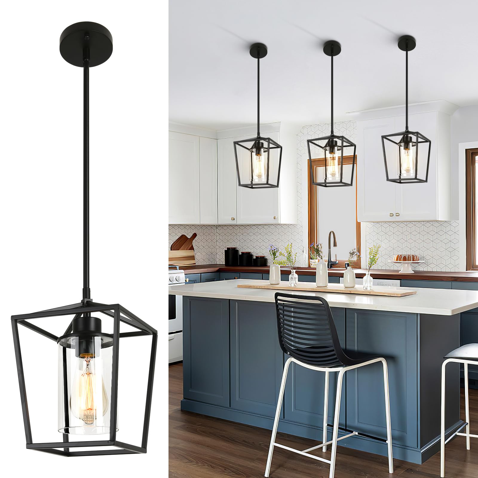 2 Pack 1-Light Black Pendant Lights for Kitchen Island, Farmhouse Metal Pendant Light Iron Cage Hanging Light Fixtures with Clear Glass Shade for Dining Room, Entryway, Hallway, Foyer