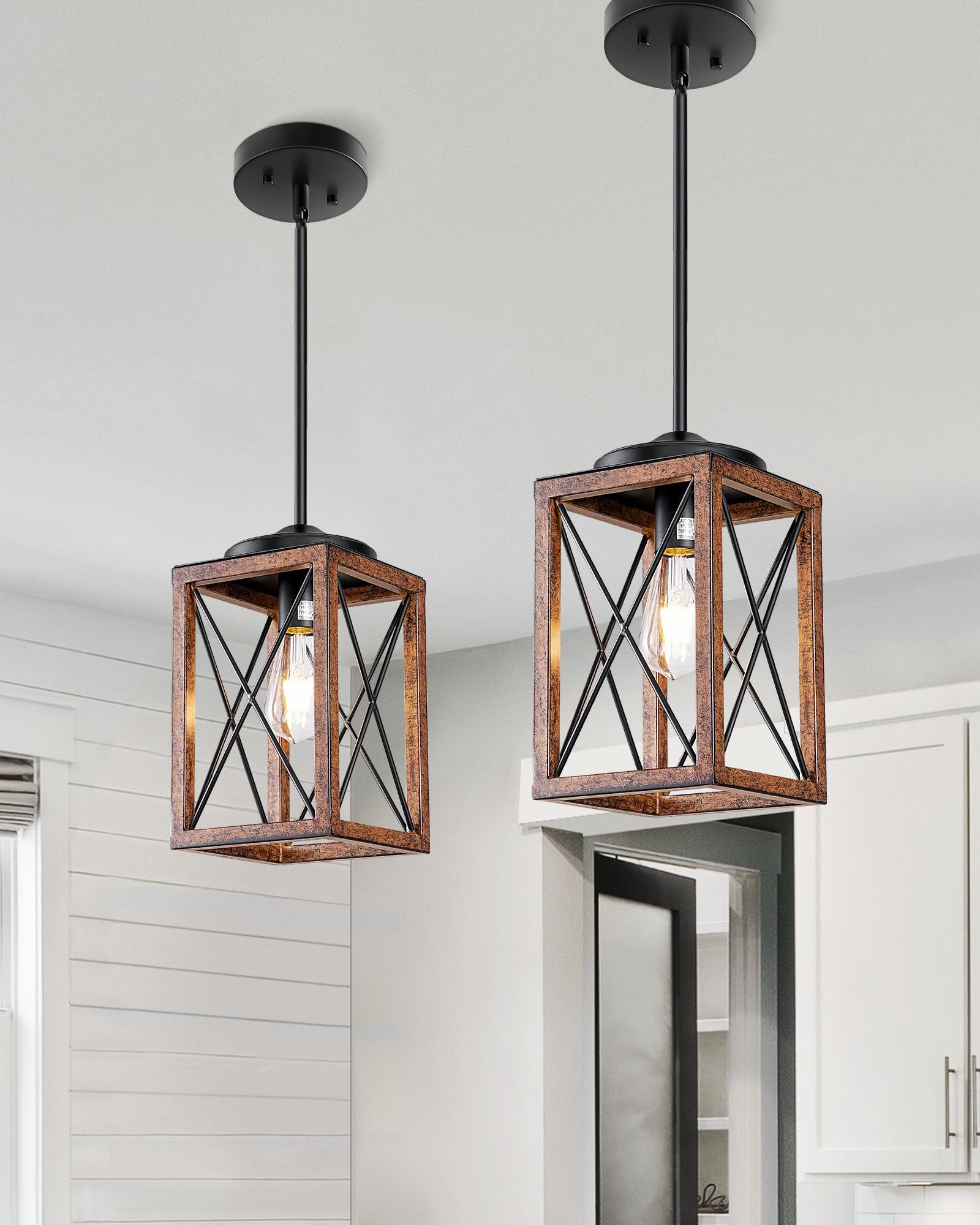 DEWENWILS Farmhouse Pendant Light, Metal Hanging Light Fixture with Wooden Grain Finish, 48 Inch Adjustable Pipes for Flat and Slop Ceiling, Kitchen Island, Bedroom, Dining Hall, E26 Base