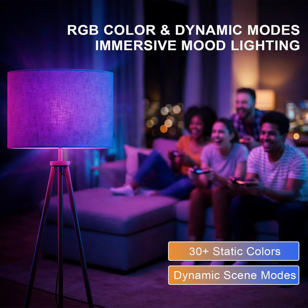 58.3" Mid-Century Tripod Floor Lamp with Shelf, Hidden Wiring, RGB Dimmable Bulb Included, Remote & App Control, Iron Corner Standing Lamp with Linen Shade for Living Room Bedroom