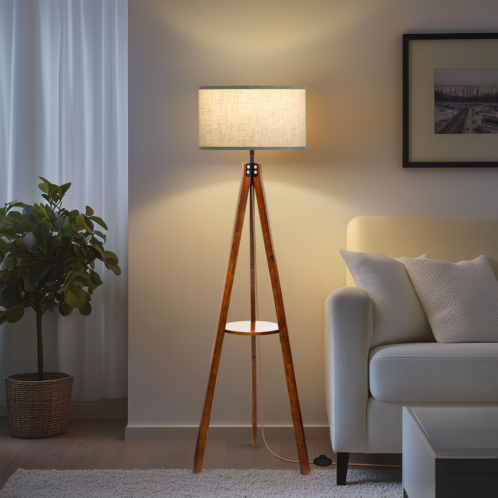 EOEYYOYB Floor Lamp with 3 Light Modes Adjustable– Wood Tripod Floor Lamp Modern LED Standing Lamps with Dimmable Brightness, Perfect for Living Room, Bedroom, and Office, Juglans Nigra