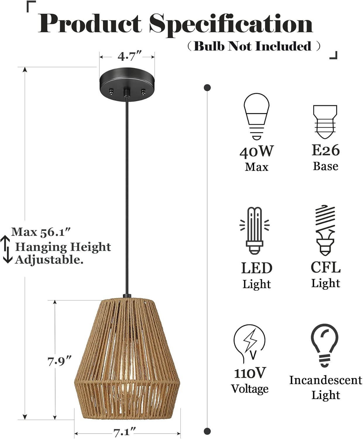 ELYONA Boho Woven Pendant Lights 7” Rustic Rattan Hanging Lamp Adjustable Handwoven Basket Shade, Japandi Pendant Light Fixtures for Kitchen Island, Dining Room, Bedroom, Farmhouse Bar, Foyer Hallway