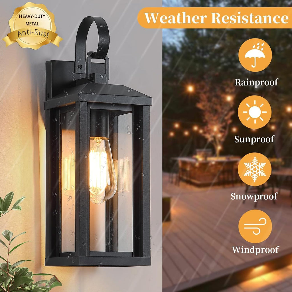 2-Pack 17" Black Modern Farmhouse Waterproof Outdoor Wall Sconces, Anti-Rust Clear Glass Porch Coach Lights for Garage & House Exterior