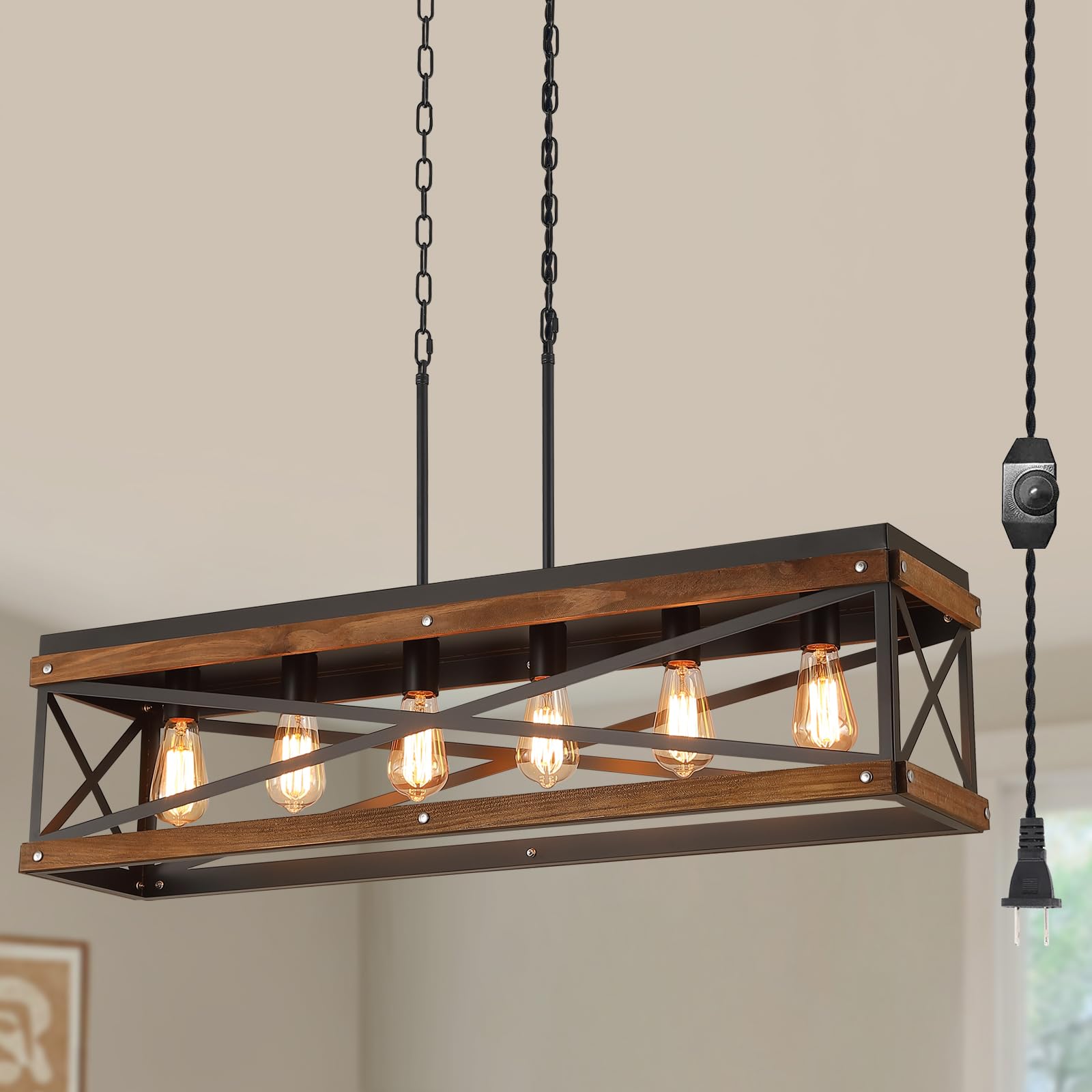 2 Pack Rustic Farmhouse Plug in Pendant Light Fixture with Adjustable Chain, Dimmable Switch, Oak Wood and Metal Drum Cage Mini Hanging Lamp for Kitchen Island Living Room Hallway Farmhouse, Black