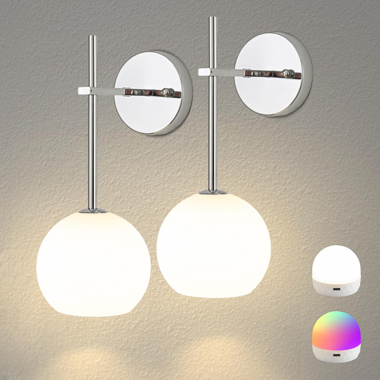 Black Battery Operated Wall Sconces Set of 2, Rechargeable Wireless Wall Lights with Milky White Frosted Glass Shade, 12 RGB and 3CCT Dimmable, Wall Lamps with Remote for Bedroom Living Room Hallway