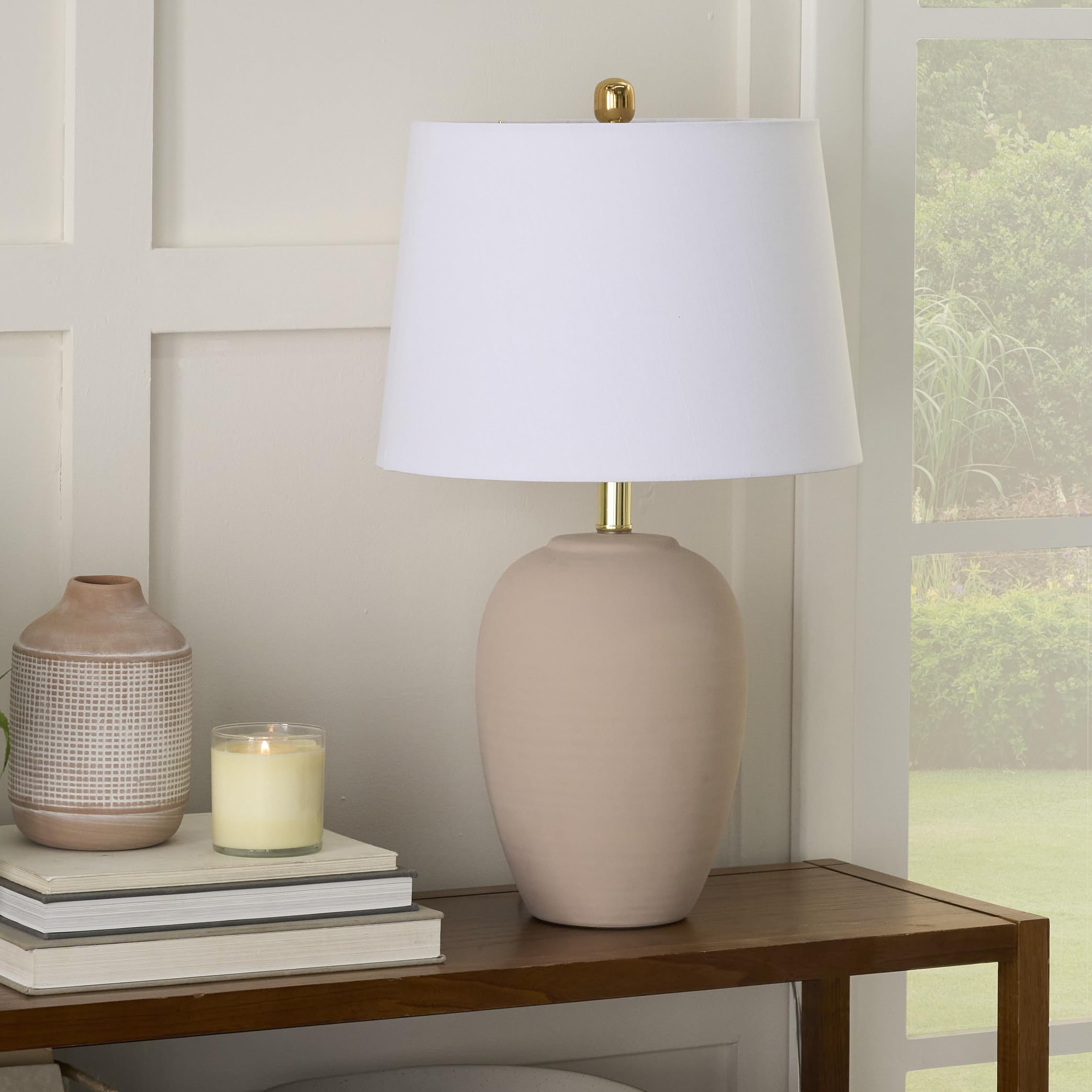 Nourison Home 23" Natural White Ceramic Jar Table Lamp for Bedroom, Living Room, Dining Office, with Off-White Shade