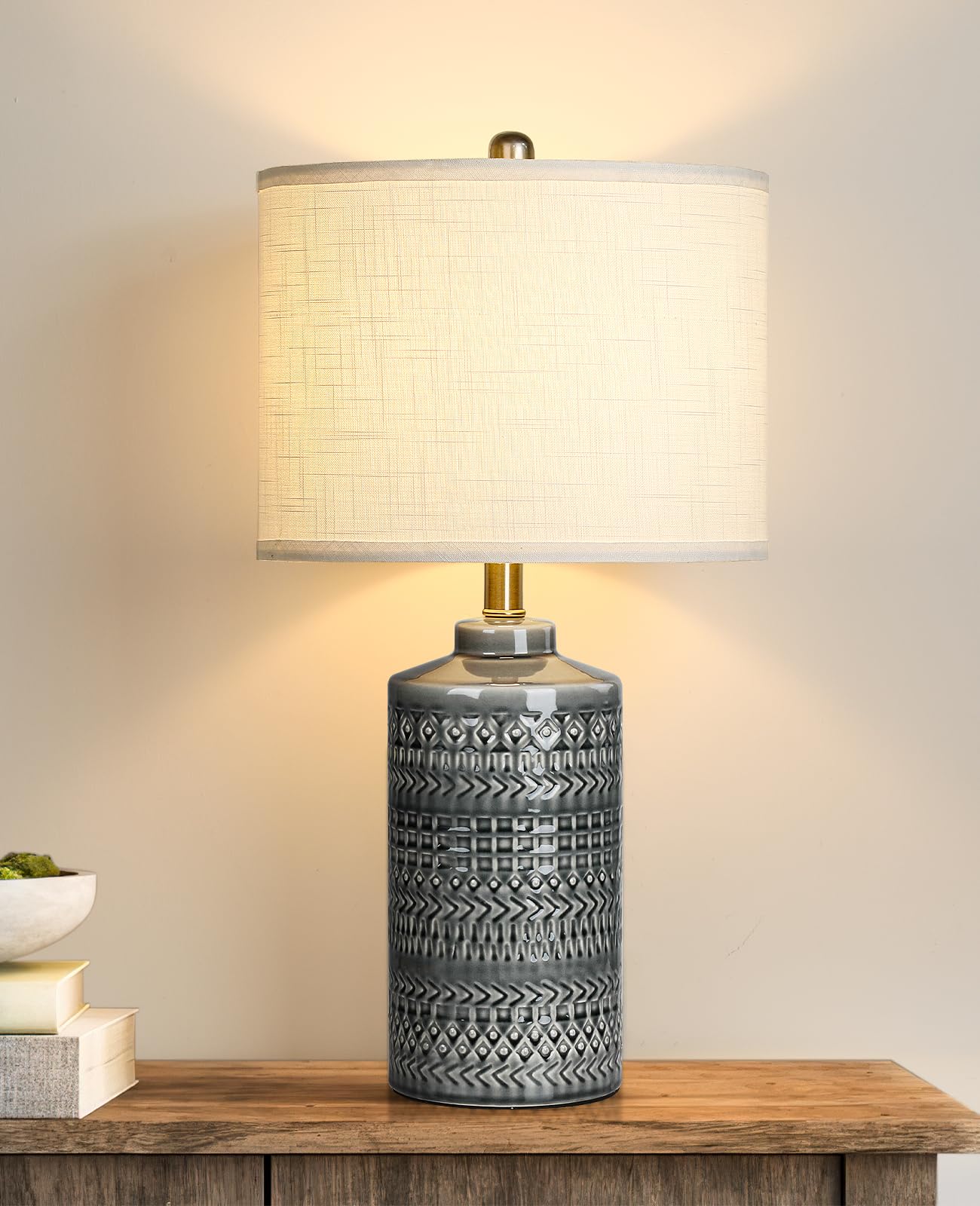 Modern Ceramic Table Lamp, 24.5" Living Room Lamps 3-Way Dimmable Gray Nightstand Lamp with White Shade|Tall Bedside Lamp Desk Decor Lamps for Bedrooms Farmhouse Office End Table Lamps(Bulb Included)
