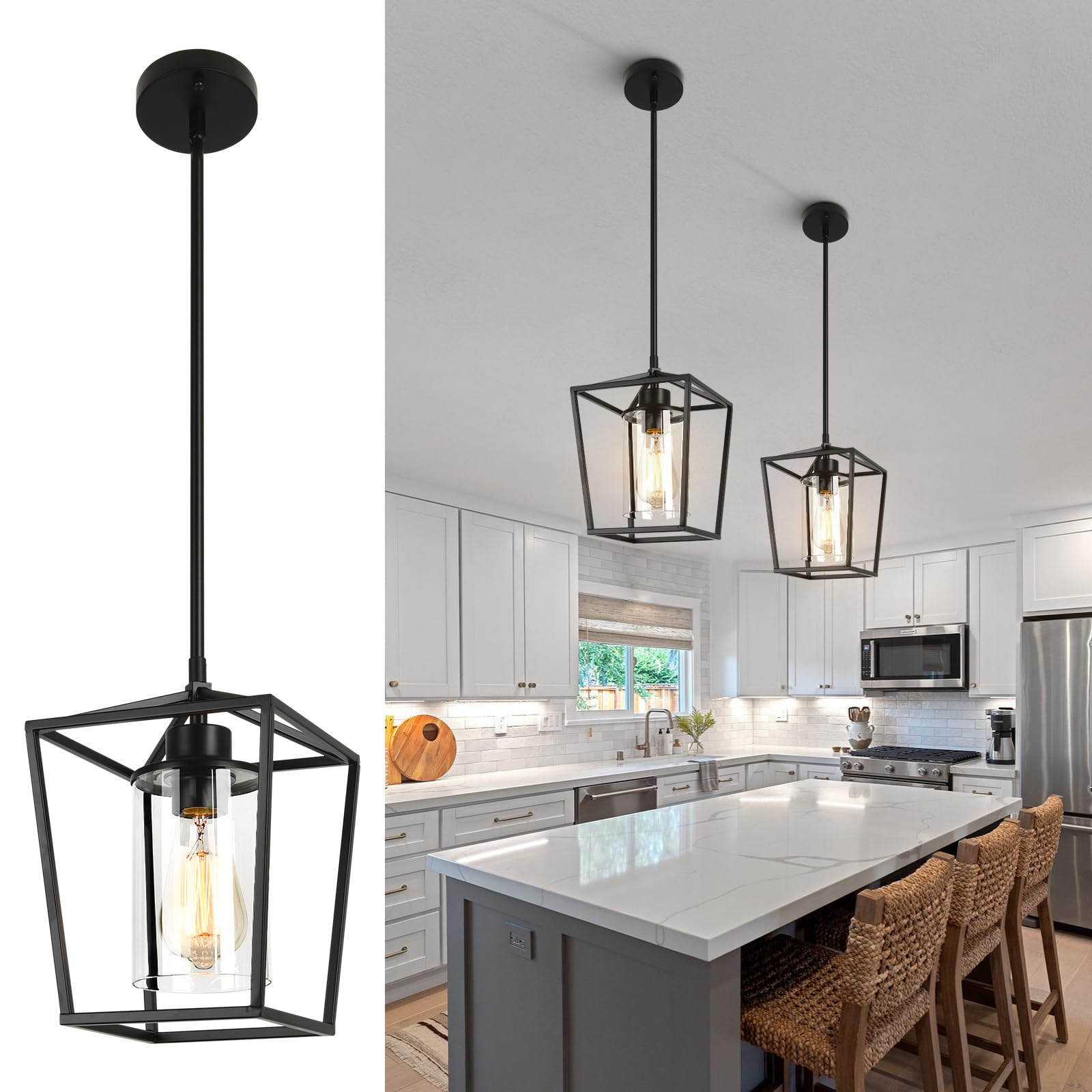 2 Pack 1-Light Black Pendant Lights for Kitchen Island, Farmhouse Metal Pendant Light Iron Cage Hanging Light Fixtures with Clear Glass Shade for Dining Room, Entryway, Hallway, Foyer
