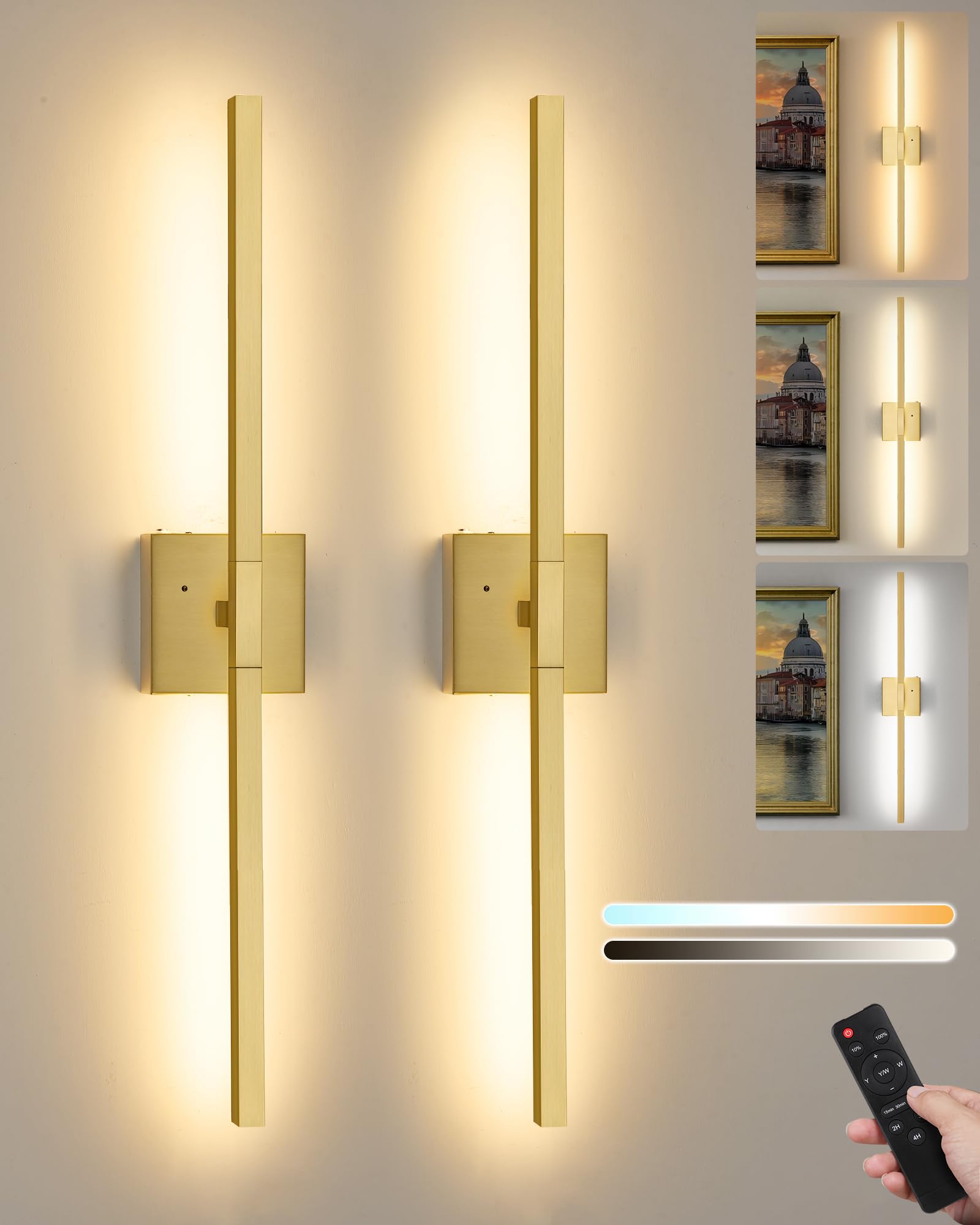 Rayogale Rechargeable Battery Operated Wall Sconce with Remote Control | Black 3000/4500/6000K Dimmable 8000mAh Wireless Wall Sconces Set of Two with Timer for Living Room, Bedroom, 24 Inch