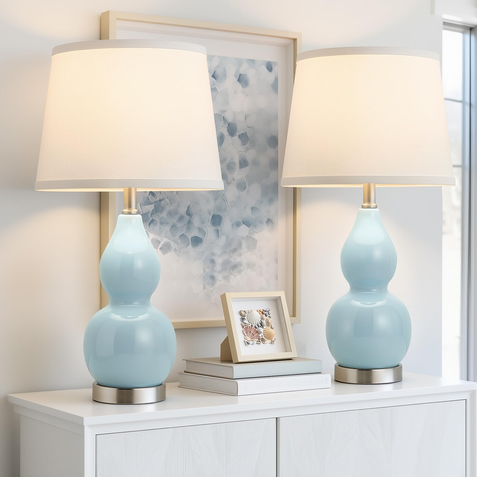 GyroVu 18" Table Lamp Set of 2, Ceramic Table Lamp Classic Beside Lamps Nightstand Lamp Modern Lamp for Living Room, Bedroom & Office Rocker Switch Sage Green-LED Bulbs Included