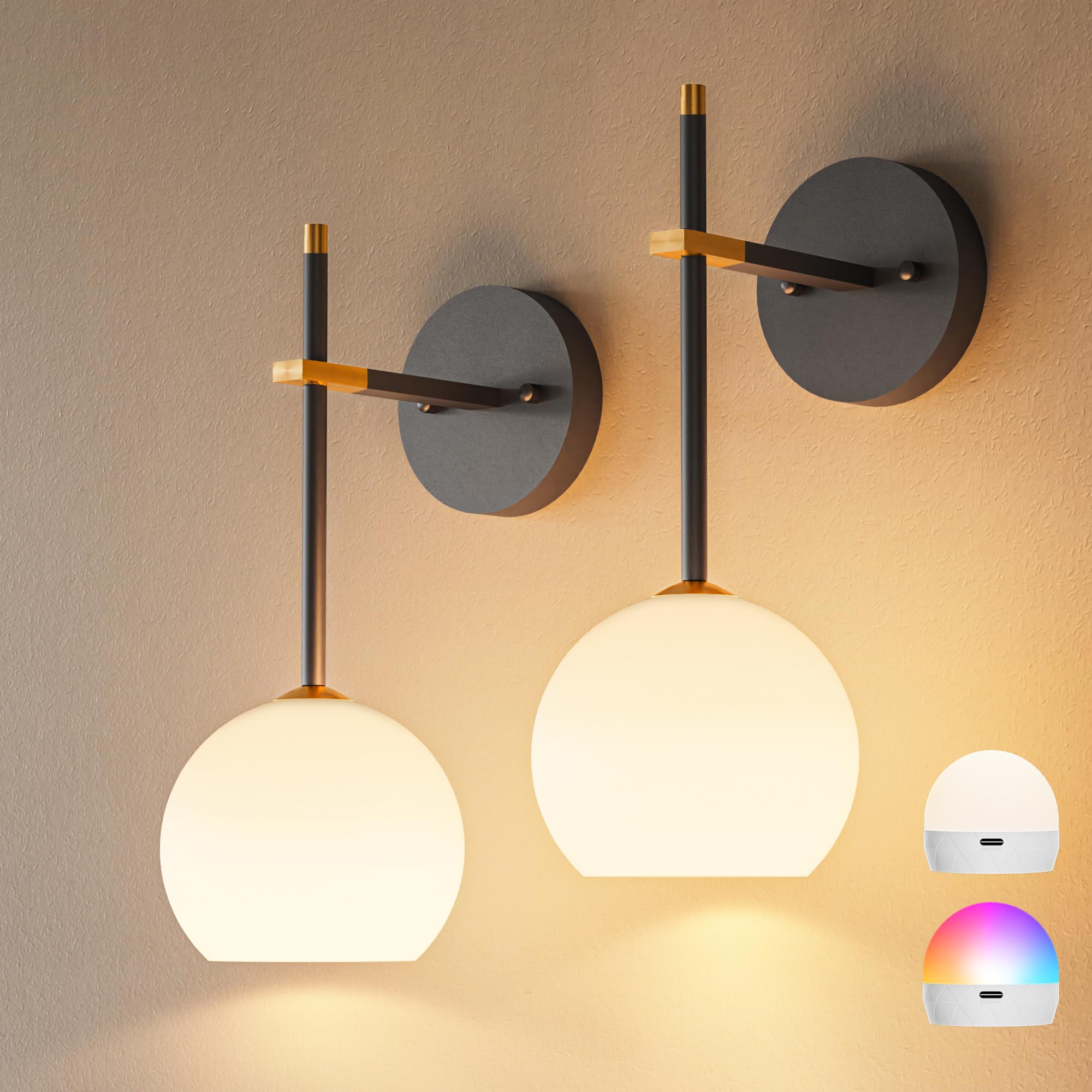 Black Battery Operated Wall Sconces Set of 2, Rechargeable Wireless Wall Lights with Milky White Frosted Glass Shade, 12 RGB and 3CCT Dimmable, Wall Lamps with Remote for Bedroom Living Room Hallway