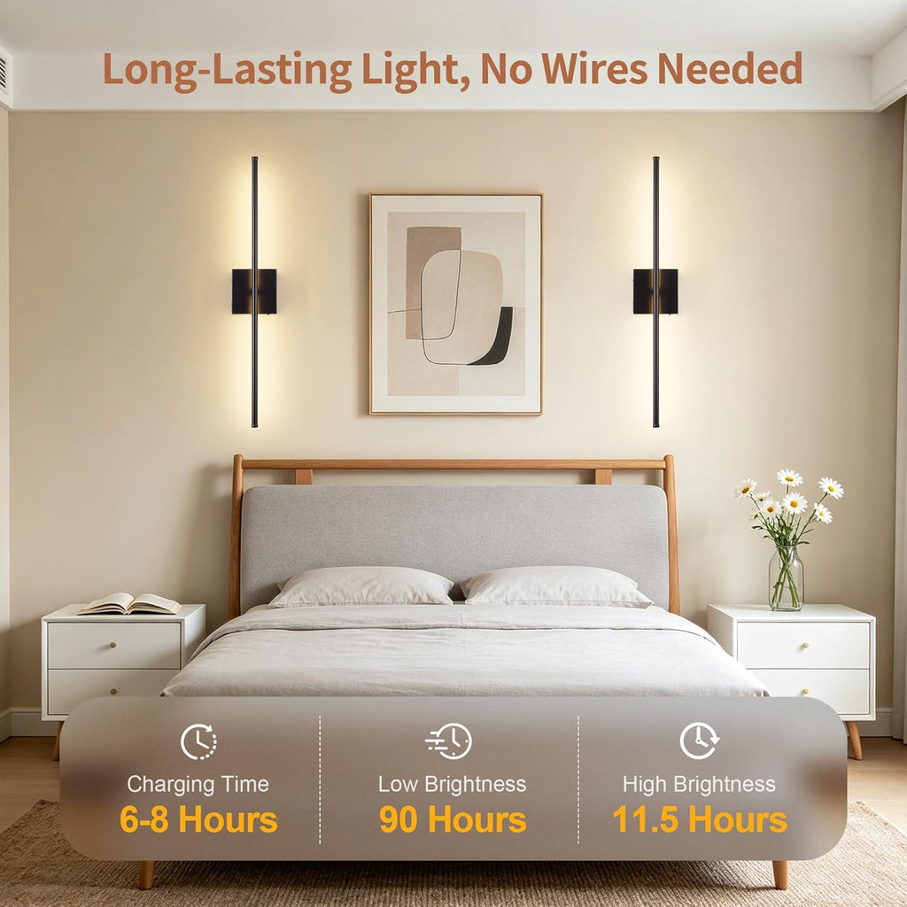 KARTOOSH 28.3 Inch Wall Sconces Battery Operated for Bedroom Hallway, Rechargeable Wireless Wall Lamp Set of 2, 3000K Warm White Dimmable Wall Light w/Remote Timer Memory Indoor Sconce Decor, Black
