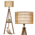 LAMSU Boho Tripod Floor Lamps for Living Room, Rattan Wood Floor Lamp with Fabric Shades, Mid Century Standing Lamp with Shelf, Foot Switch, Modern Farmhouse Tall Lamps for Bedroom Office Brown