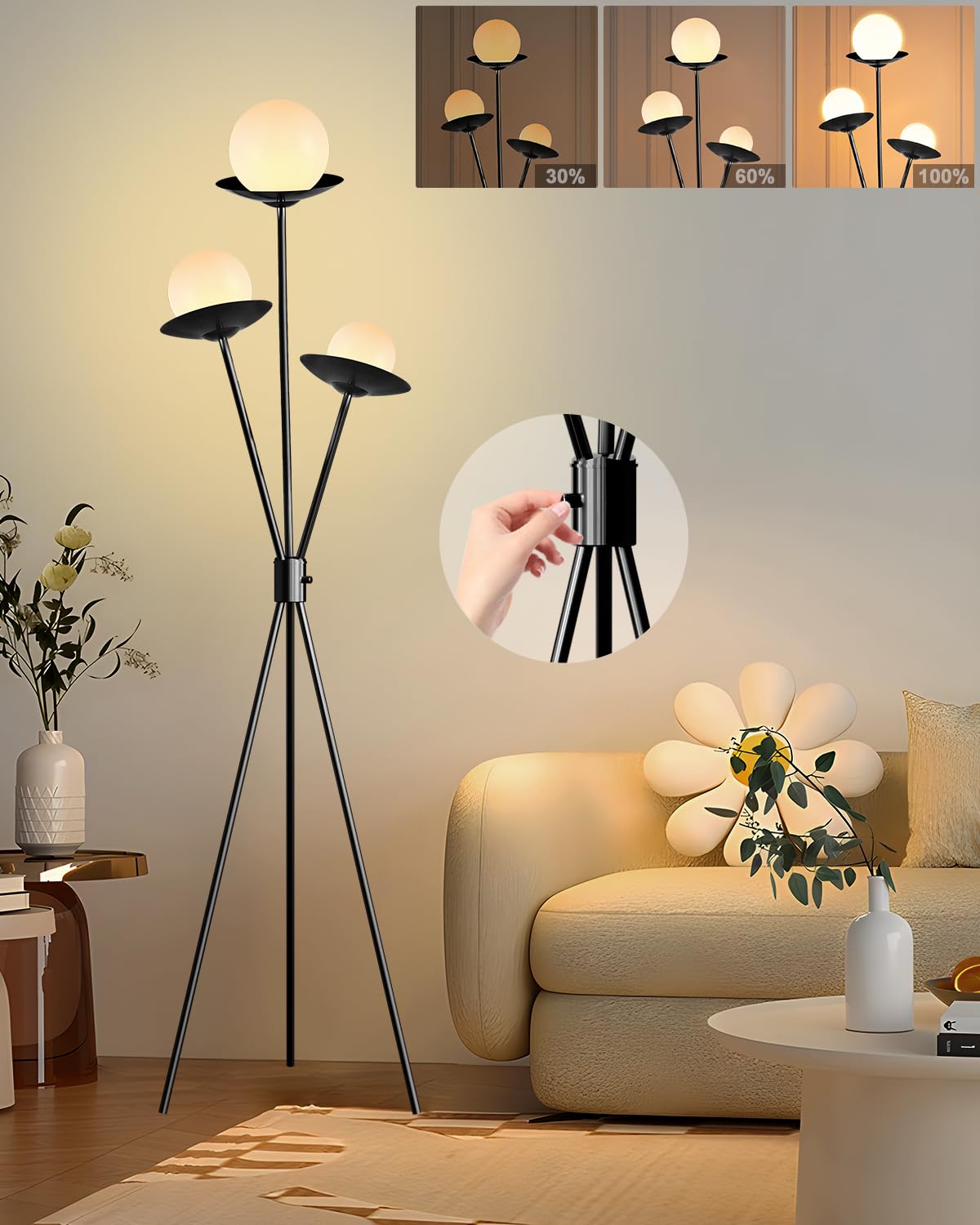 3 Globe Dimmable Tripod Floor Lamp, Mid Century Standing Lamps with 3Pcs 3000K Bulbs Included, Modern Tall Lamp for Living Room Bedroom Office-Gold