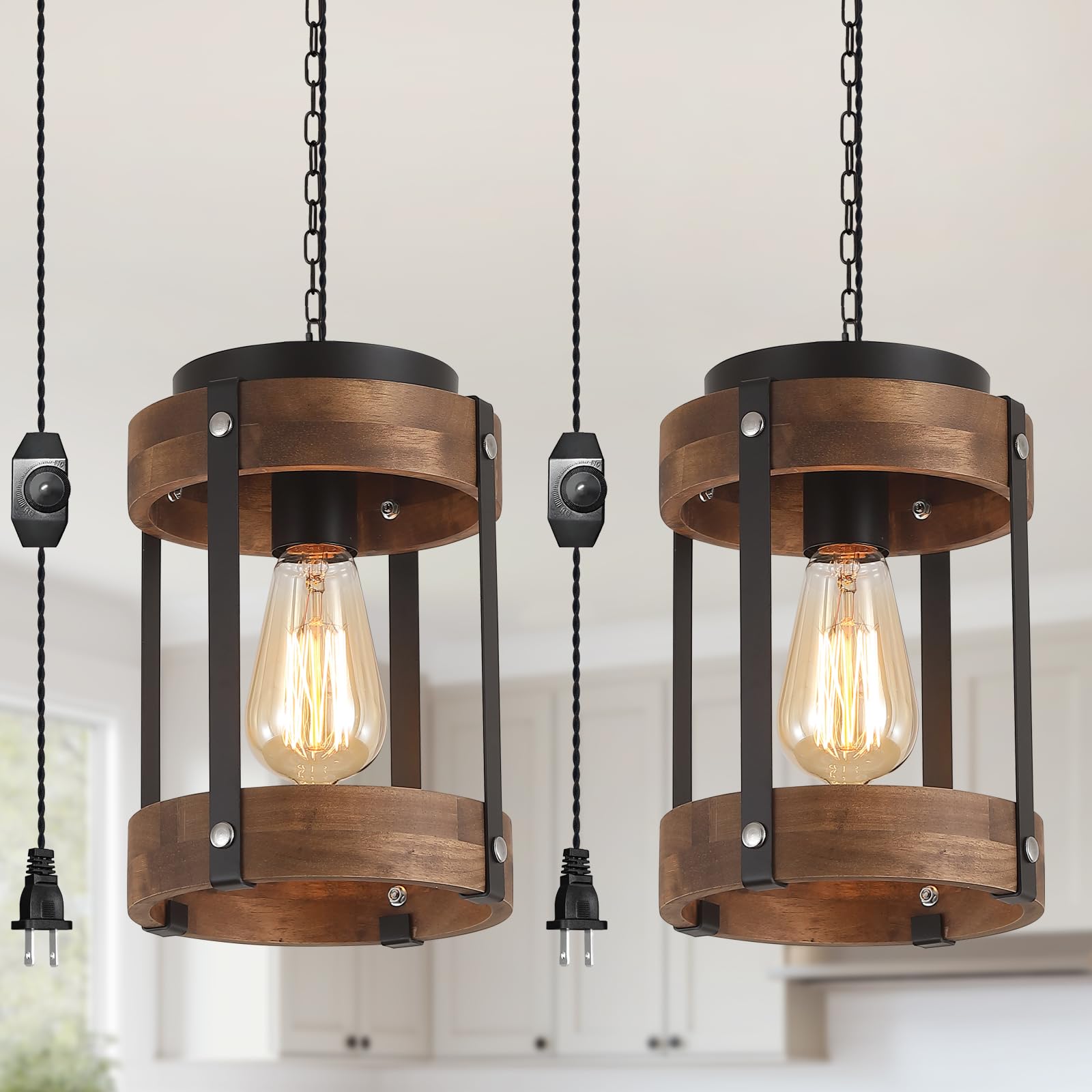 2 Pack Rustic Farmhouse Plug in Pendant Light Fixture with Adjustable Chain, Dimmable Switch, Oak Wood and Metal Drum Cage Mini Hanging Lamp for Kitchen Island Living Room Hallway Farmhouse, Black