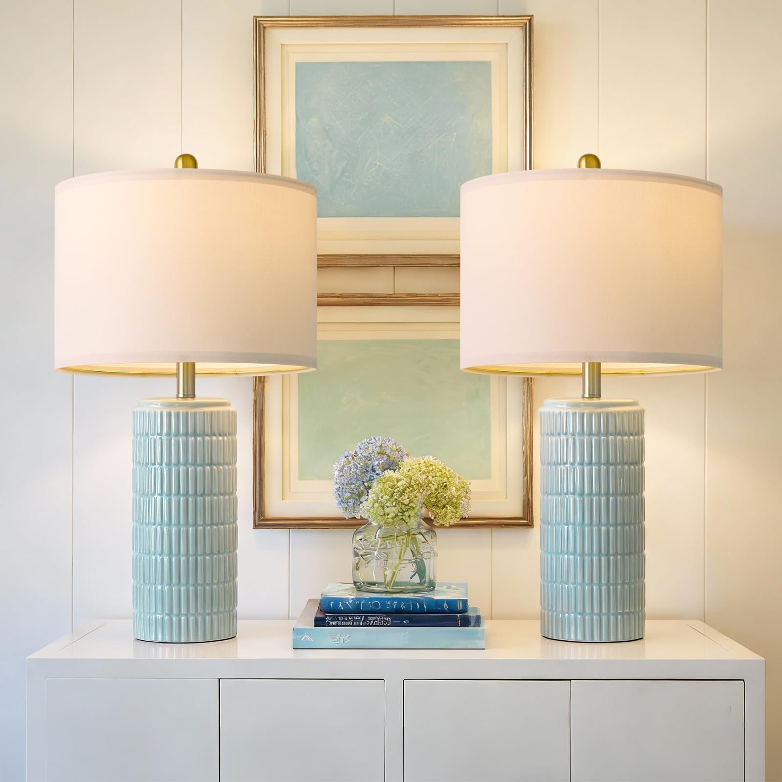 PoKat 23" Modern Ceramic Table Lamp Set of 2 for Living Room White Desk Lamps for Bedroom Farmhouse Bedside Nightstand Lamp House Warming Gifts New Home Decor End Table Lamps Gifts for Women Mom Beige