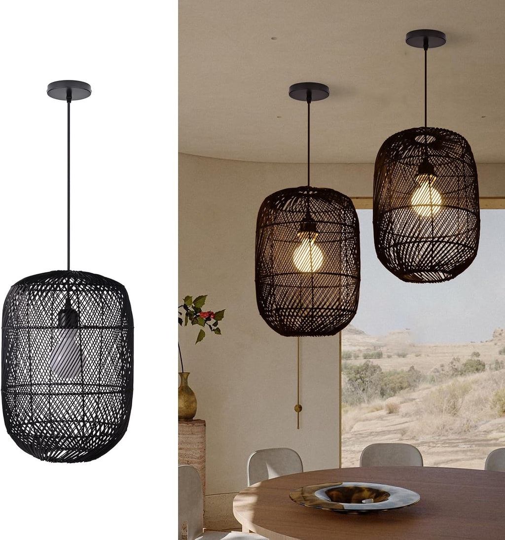 Arturesthome Black Rattan Pendant Light Fixture, Farmhouse Natural Boho Chandelier Ceiling Lighting, Retro Wicker Hanging Lamp for Kitchen Island 11"*15.74"