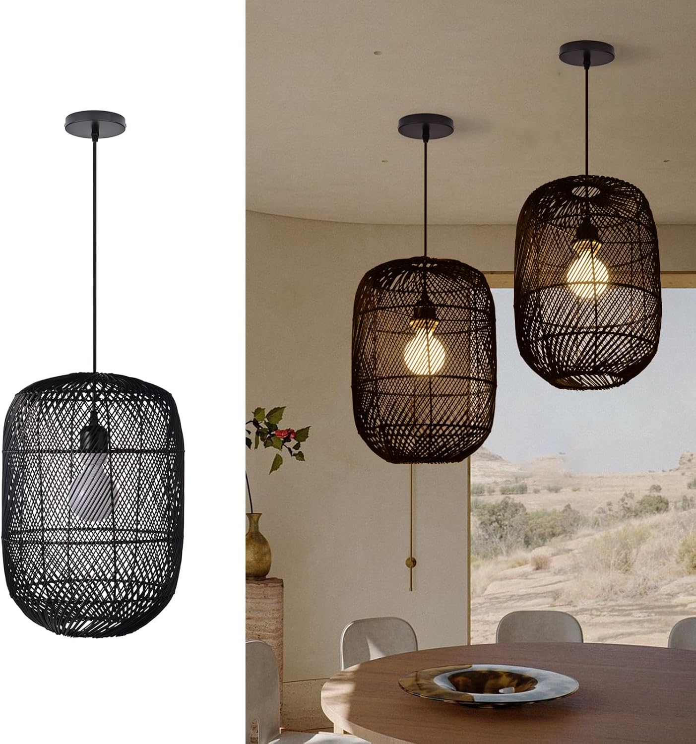 Arturesthome Black Rattan Pendant Light Fixture, Farmhouse Natural Boho Chandelier Ceiling Lighting, Retro Wicker Hanging Lamp for Kitchen Island 11"*15.74"