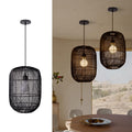 Arturesthome Black Rattan Pendant Light Fixture, Farmhouse Natural Boho Chandelier Ceiling Lighting, Retro Wicker Hanging Lamp for Kitchen Island 11"*15.74"