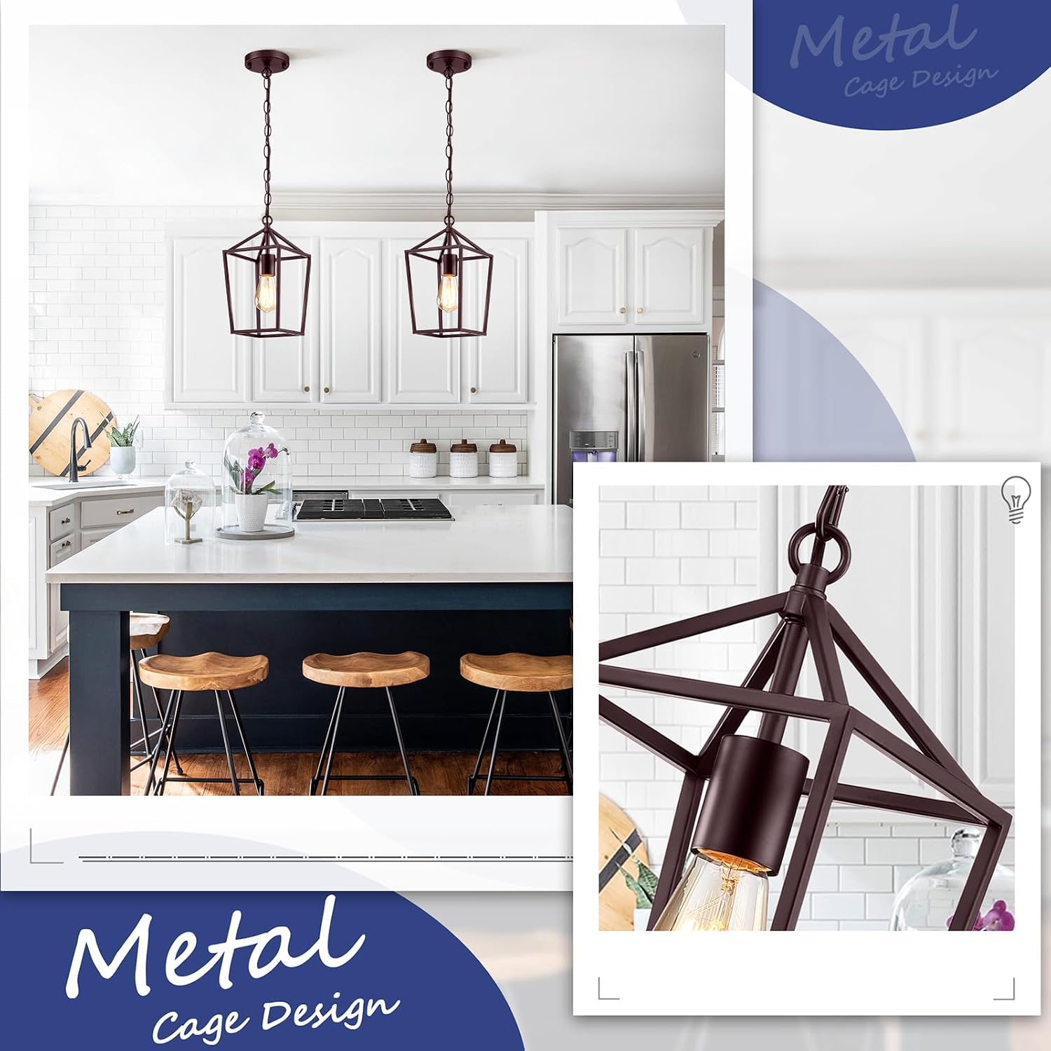 Sheetea 2-Pack Farmhouse Pendant Lights Kitchen Island, Pendant Light Fixtures Hanging Lamp for Dining Room, Modern Kitchen Pendant Lighting Over Island, Metal Cage Design, Brown
