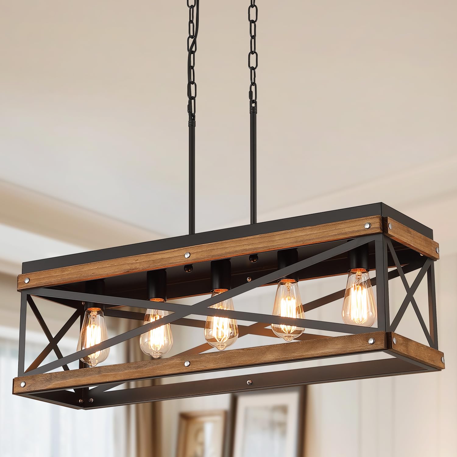 Rustic Farmhouse Wood Pendant Light Fixture One-Light Adjustable Chain Oak Wood and Metal Lantern Cage Small Pendant Lighting for Kitchen Island Sink Hallway Farmhouse Bathroom Bar, Black