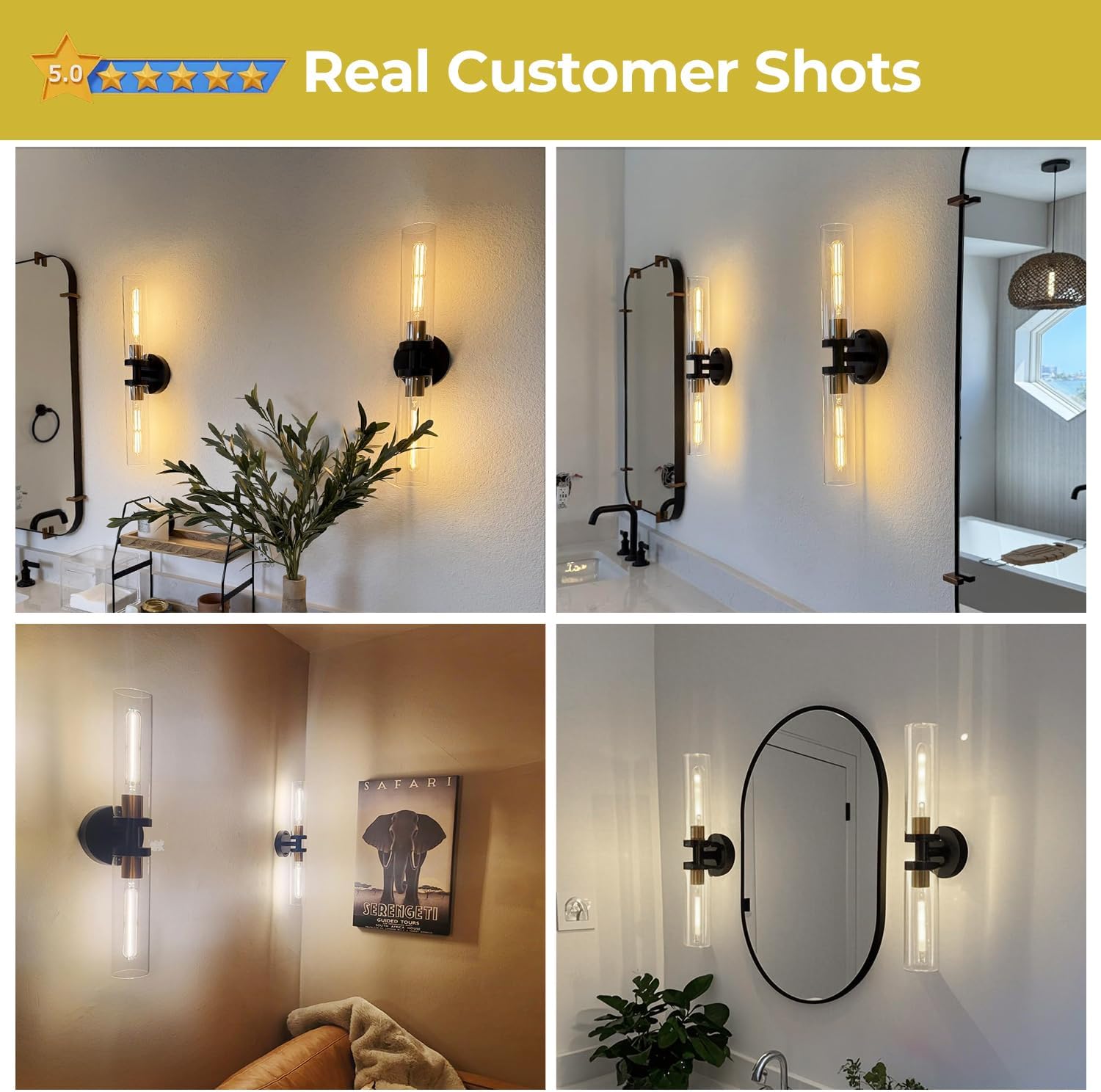 Indoi Hardwired Wall Sconces Set of Two, 22" Black and Gold Bathroom Sconces with Clear Glass, Modern Sconces Wall Decor Set of 2 Wall Light fixtures for Bathroom Mirror Living Room Hallway Bedroom