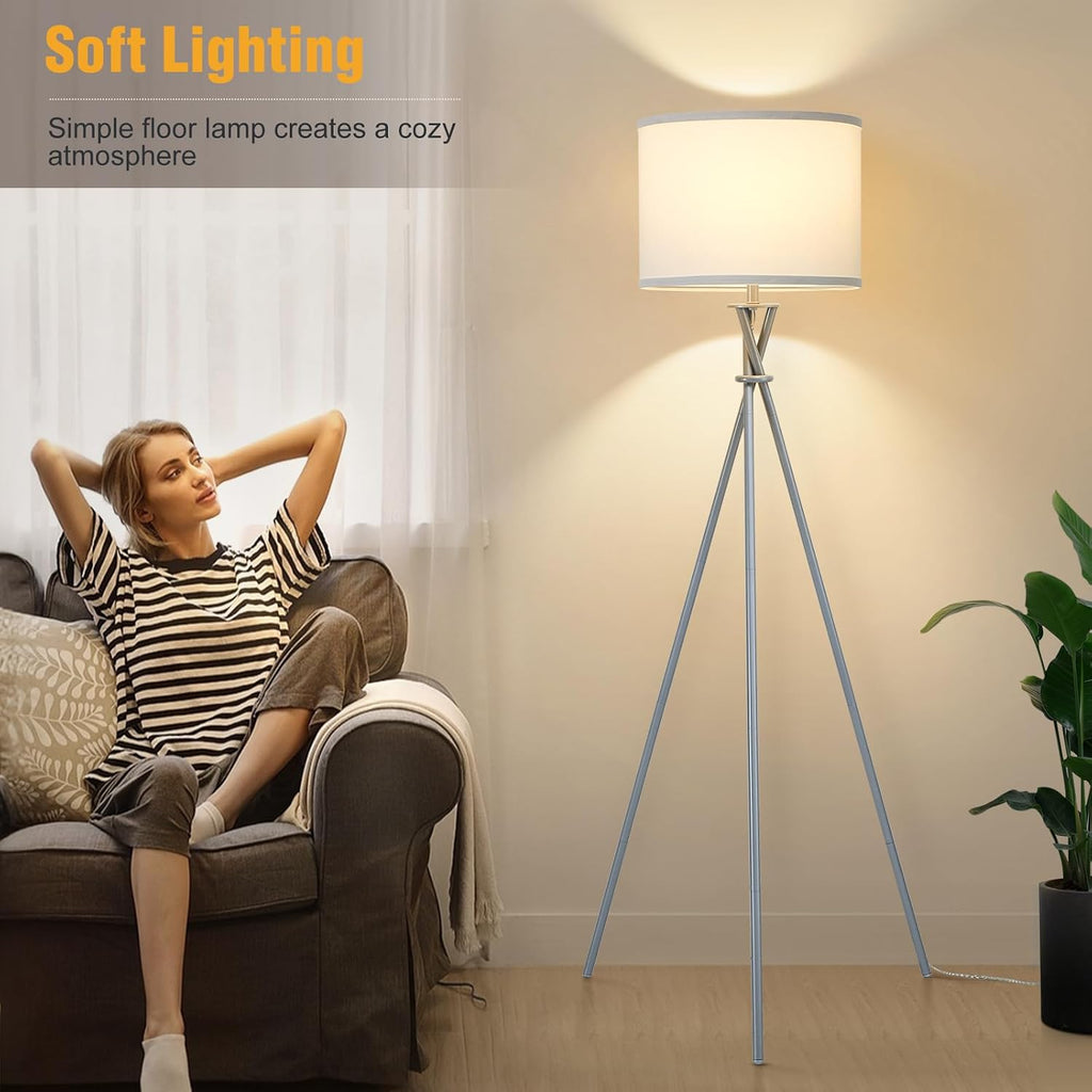Tripod Floor Lamp Silver, 61”Tall Floor Lamps, Standing Lamp with Rotary Switch, Modern Floor Lamp Simple Design with White Shade, Floor Lamps for Living Room, Bedroom, Office, Without Bulb