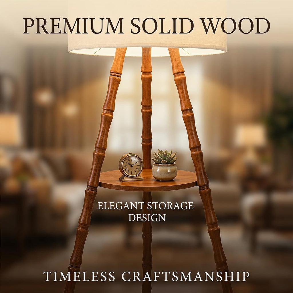 LAMSU Solid Wood Tripod Floor Lamp with Shelf, Mid Century Bobbin Standing Lamp with Fabric Shade and Foot Switch, Retro Farmhouse Tall Corner Lamps for Living Room Bedroom Office Reading, Brown