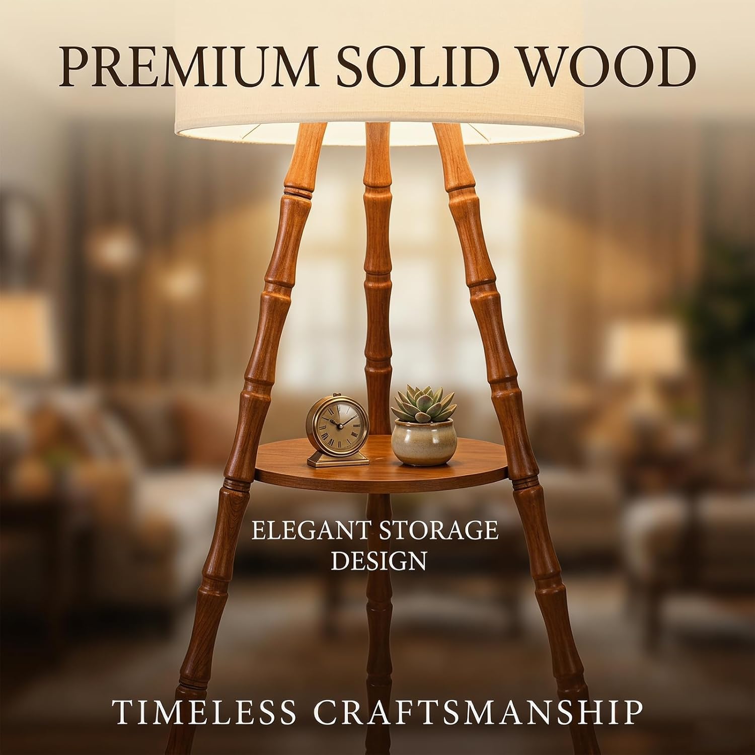 LAMSU Solid Wood Tripod Floor Lamp with Shelf, Mid Century Bobbin Standing Lamp with Fabric Shade and Foot Switch, Retro Farmhouse Tall Corner Lamps for Living Room Bedroom Office Reading, Brown