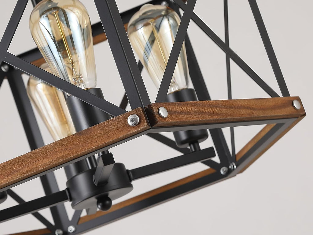 4-Light Large Rustic Farmhouse Plug in Pendant Light Fixture with Adjustable Chain, Dimmable Switch, 20 inch Oak Wood and Metal Cage Hanging Lamp for Dining Room Living Room Farmhouse Entry, Black