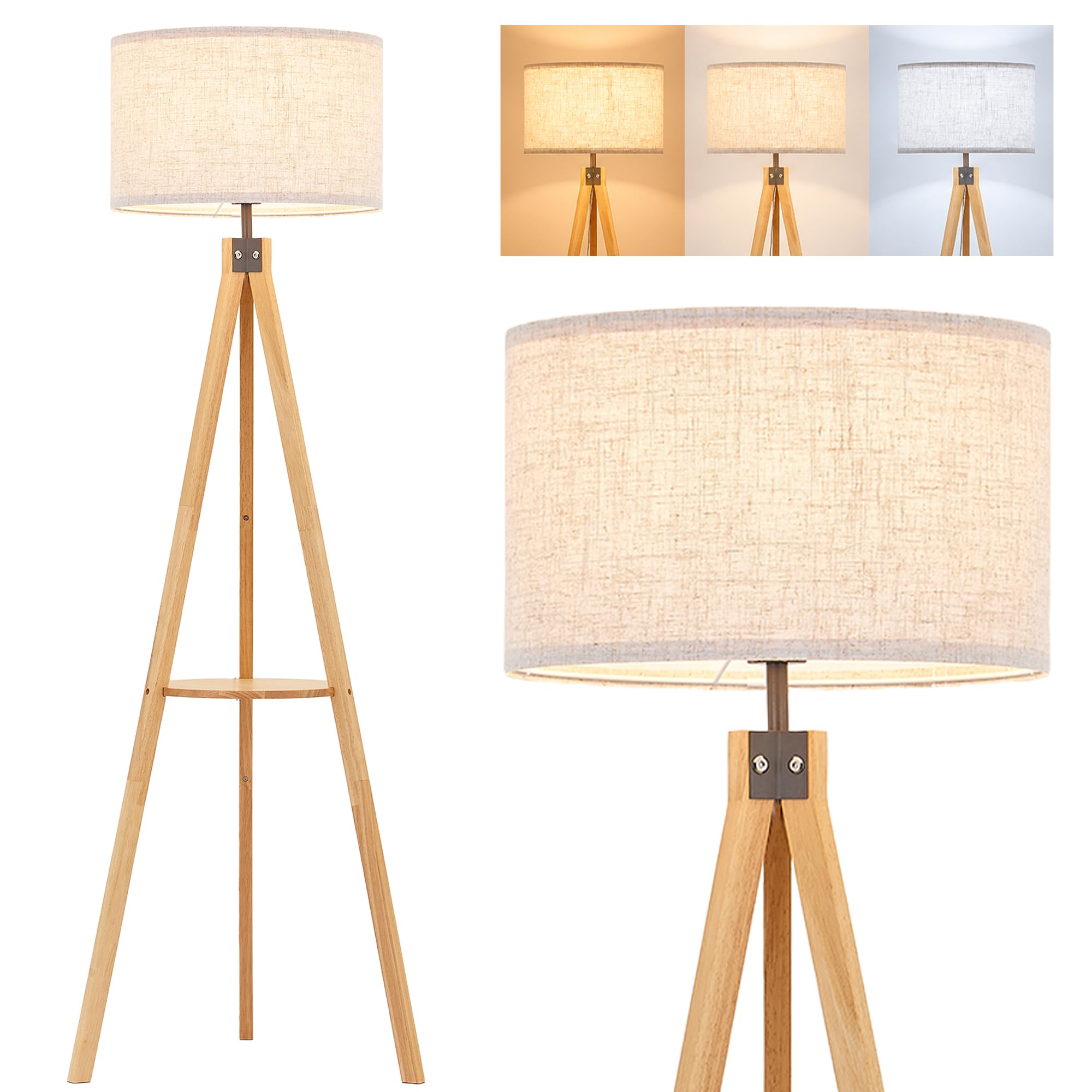 ELYONA Tripod Floor Lamp with Table, Mid Century Wood Shelf Standing Light Modern Tall Floor Lamp with Linen Shade for Living Room Bedroom Office,Dark Brown, 3 Color Temperatures LED Bulb Include