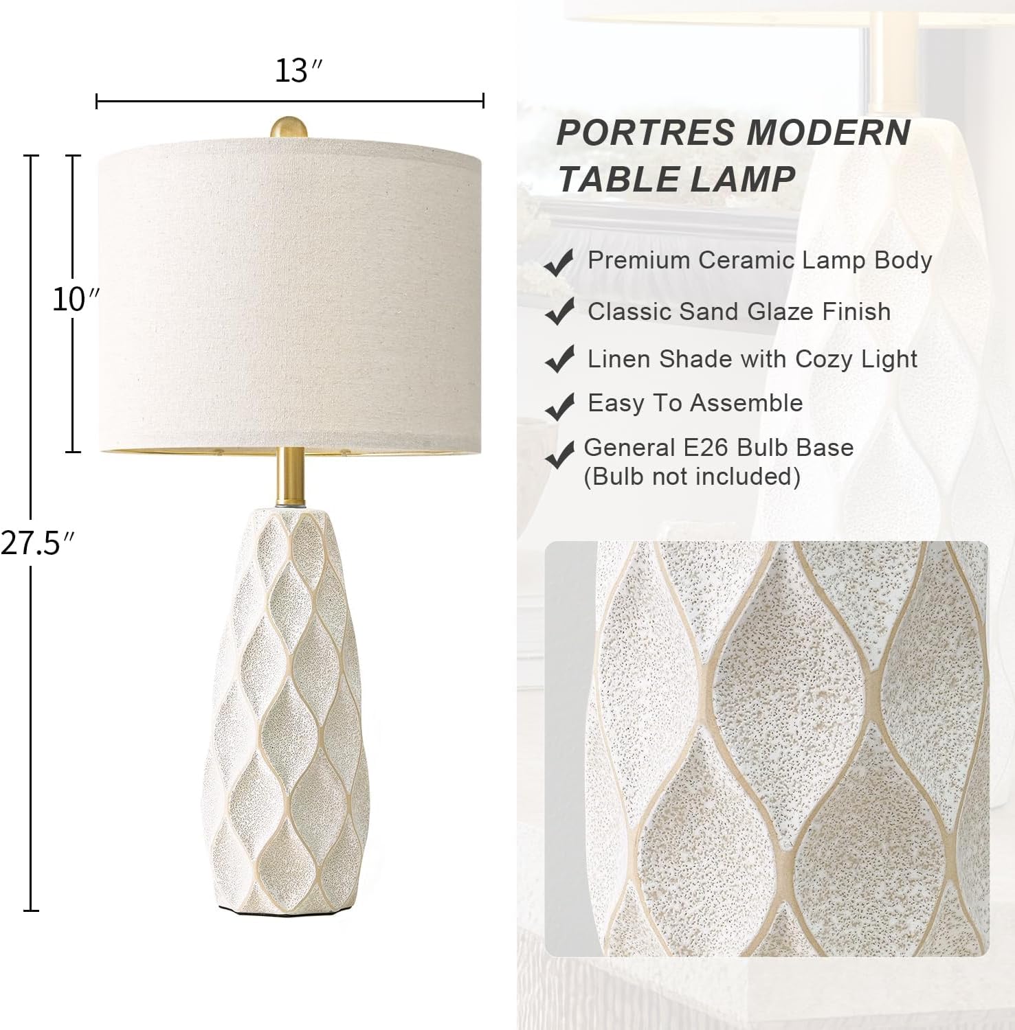 Set of 2 27.5" White Ceramic Table Lamps, Modern Boho Farmhouse Vintage Bedside Lights for Living Room Bedroom Nightstand Decor & Gifts