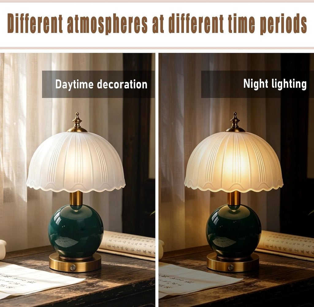 Living Room Vintage Ceramic lamp,12 inch Modern Rechargeable Touch Light, Stepless Light Adjustment Desk Lamp, Classic Chinese Style Emerald Green