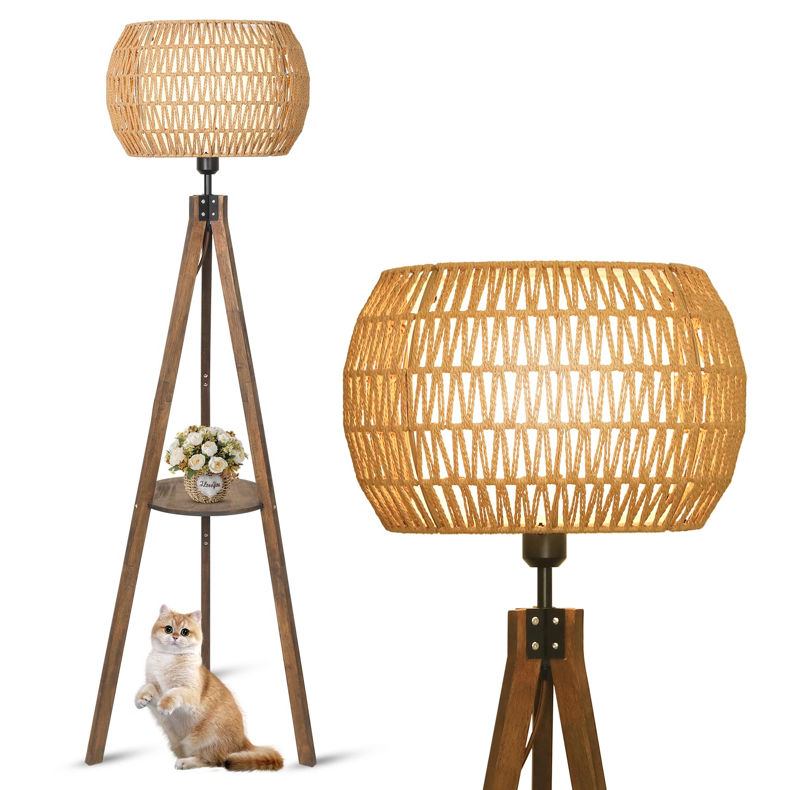 LAMSU Boho Tripod Floor Lamps for Living Room, Rattan Wood Floor Lamp with Fabric Shades, Mid Century Standing Lamp with Shelf, Foot Switch, Modern Farmhouse Tall Lamps for Bedroom Office Brown