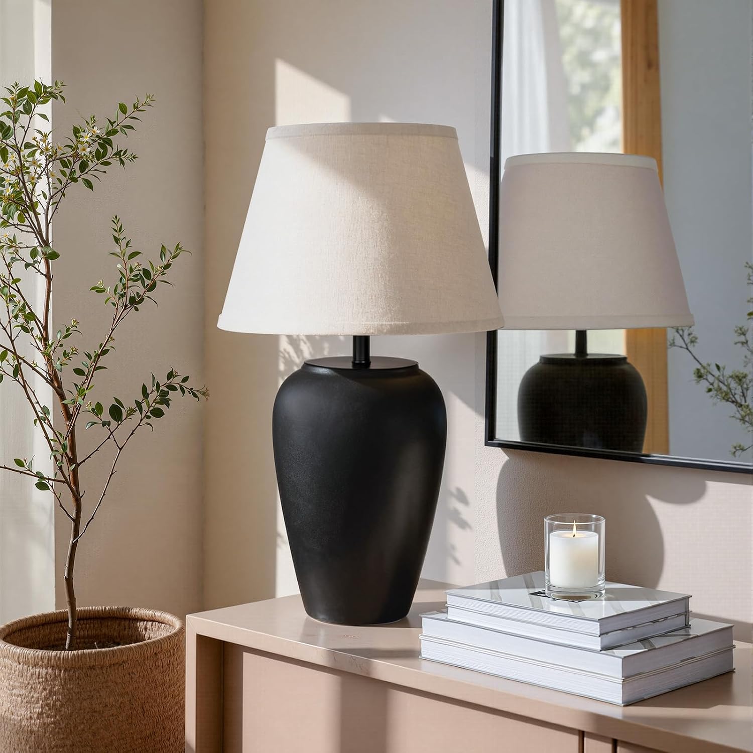 YEPDIN Ceramic Pot Table Lamp 21.25 inch Compact Frosted Nightstand Lamp, Tapered Fabric Shade Bedside, Ceramic Decorative for Living Room Bedroom House Office Entryway, TL3
