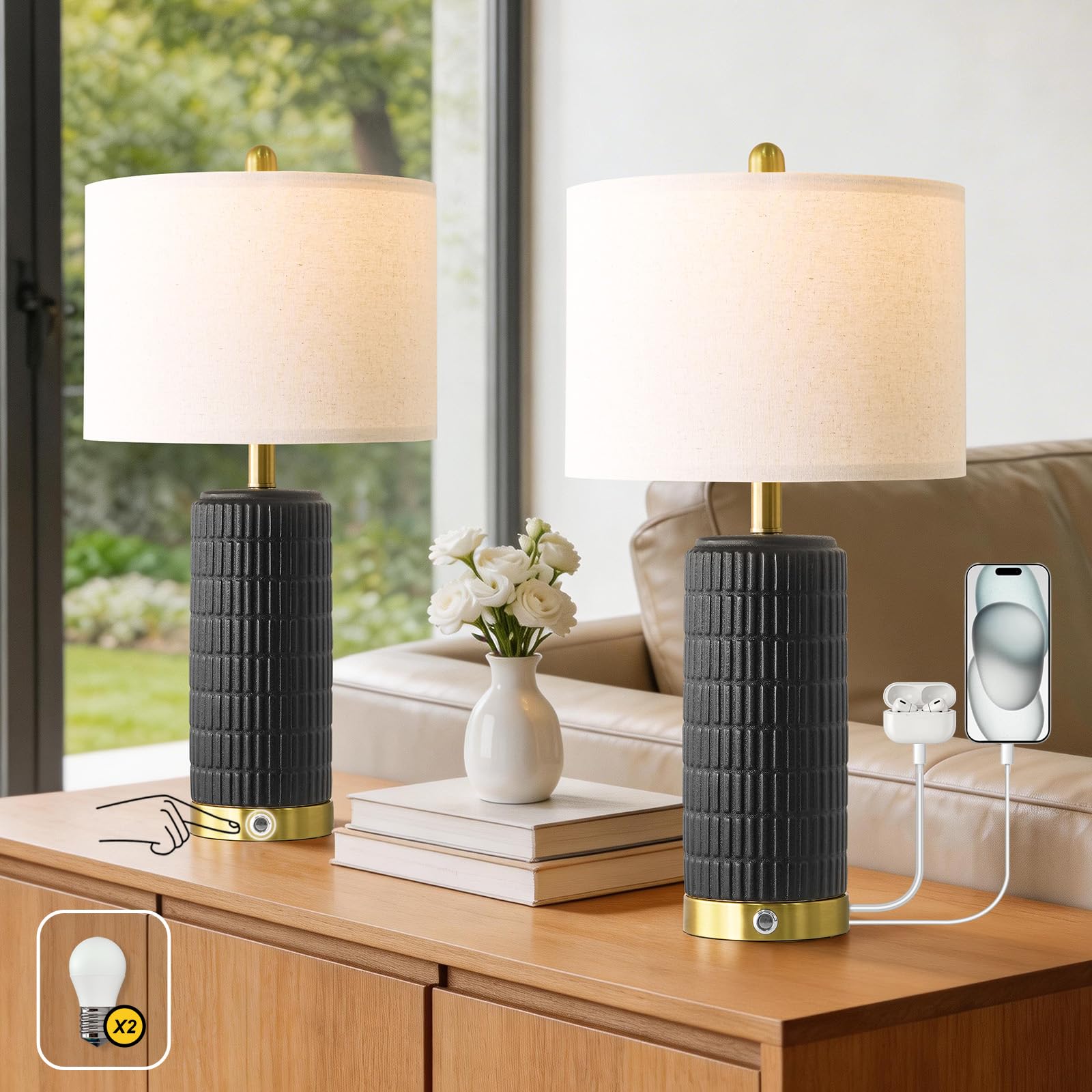PoKat Stone-Like Ceramic Table Lamps with USB Ports for Bedroom, 25'' Matte-White Dimmable Nightstand Touch Lamps for Night Stands with Gold Base, Farmhouse Lamps for Living Room End Side Table