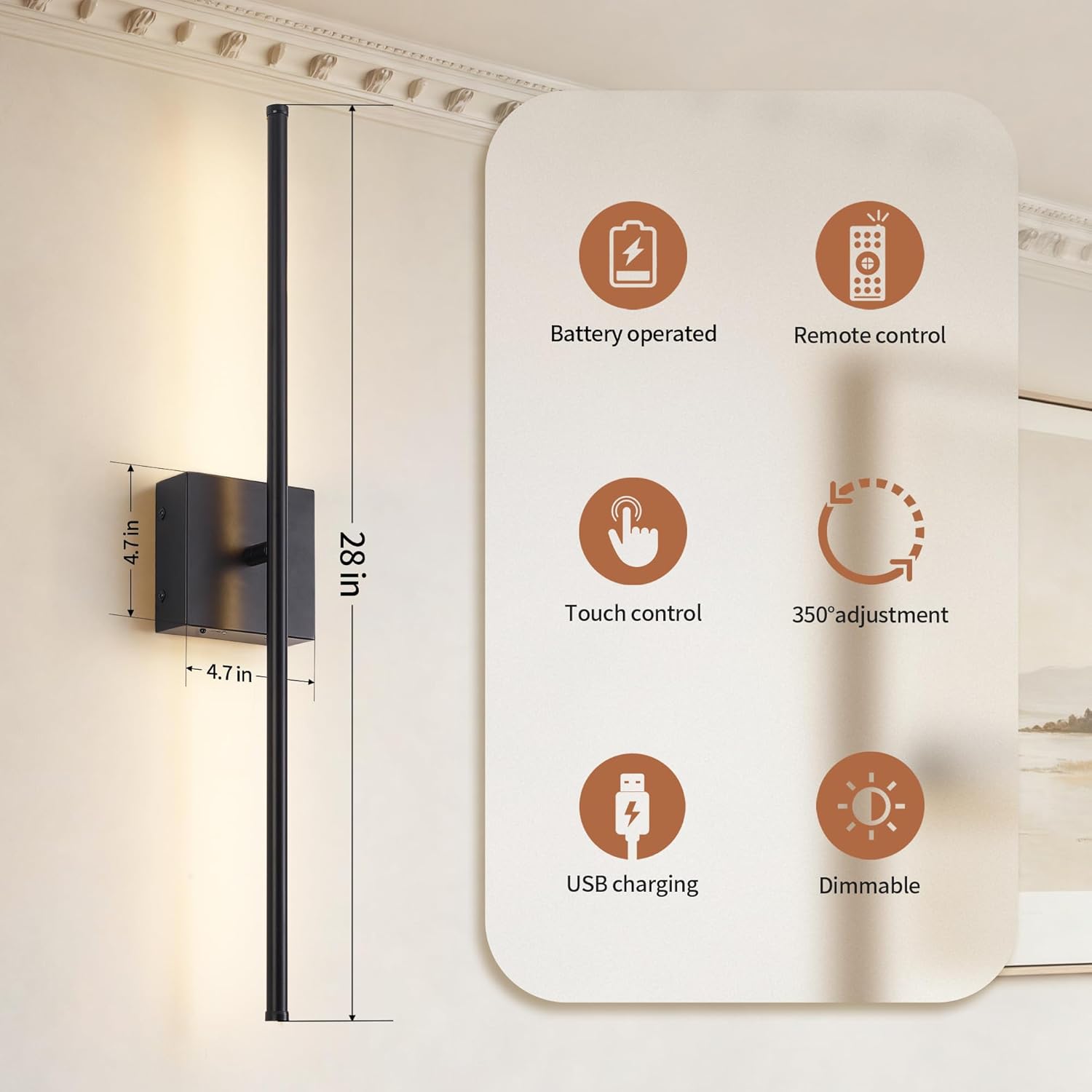 KARTOOSH 28.3 Inch Wall Sconces Battery Operated for Bedroom Hallway, Rechargeable Wireless Wall Lamp Set of 2, 3000K Warm White Dimmable Wall Light w/Remote Timer Memory Indoor Sconce Decor, Black
